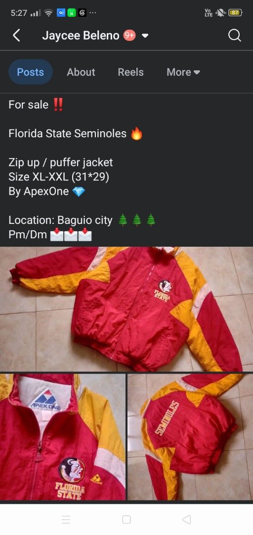 Apex One Florida State Seminoles Zip Up Puffer Jacket (Category: Coats, Jackets and Outerwear) located in Manila. Submitted by ramosjacqu35241 (Listing ID 1466968384, Image 1). Description: For sale ‼️ Florida State Seminoles 🔥 Zip up / puffer jacket Size XL-XXL (31*29) By ApexOne 💎 Location: Baguio city 🌲🌲🌲 Pm/Dm 📩📩📩.