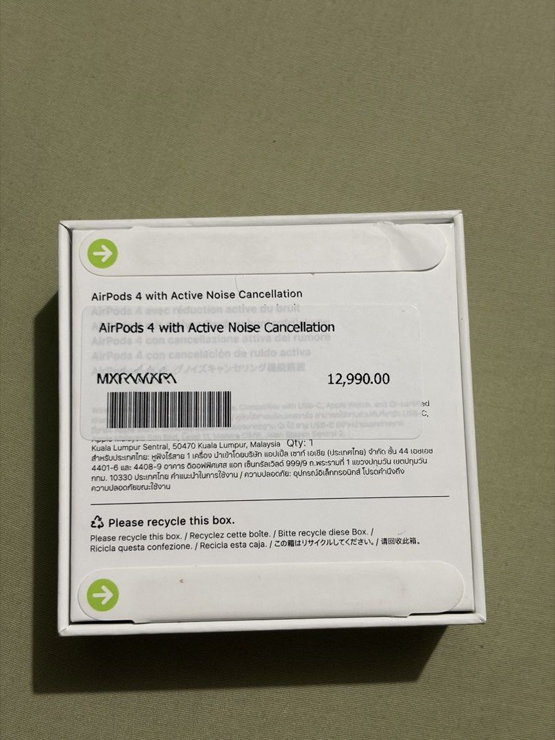 Apple AirPods 4 with Active Noise Cancellation (Category: Earphones) located in Dasmarinas. Submitted by wendell1 (Listing ID 1466848708, Image 2). Description: - Brand: Apple AirPods 4 with Active Noise Cancellation - Condition: Brand new, unopened with original seal tabs intact (Note: Box has minor exterior dirt marks and shelf wear) - Charging Case: USB-C charging case included - Authenticity: 100% Original Apple wireless earbuds - Shipping/Me