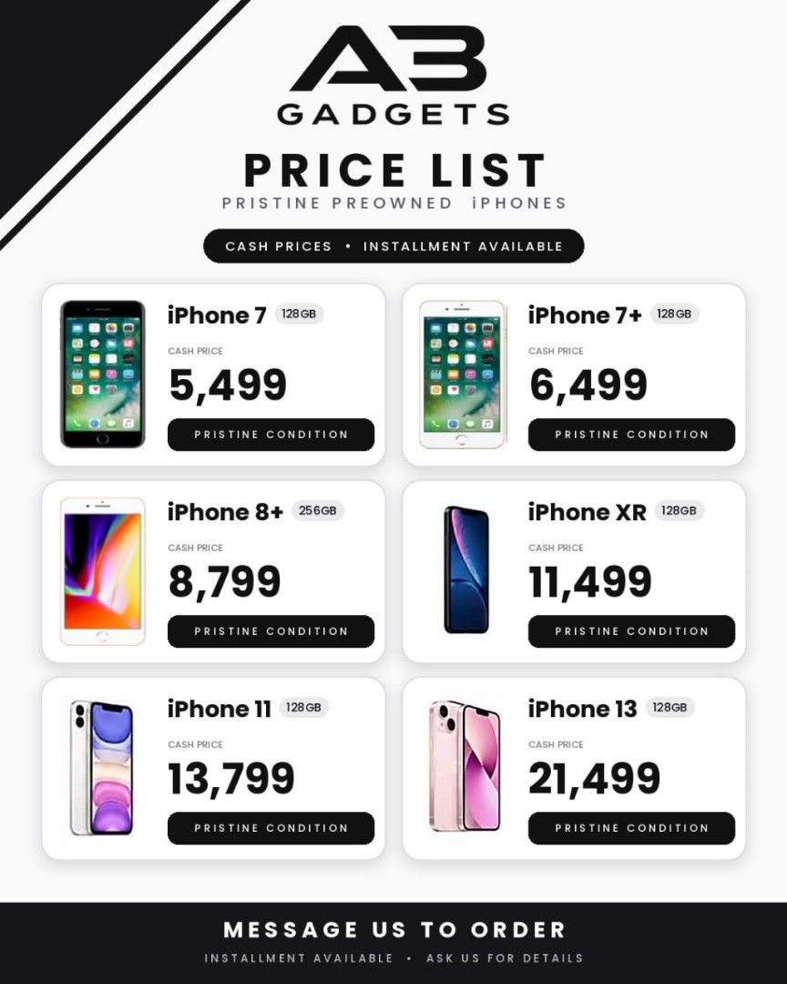 Apple iPhone Preowned Models Available (Category: iPhone 7 Series) located in Quezon City. Submitted by iphone_supplier (Listing ID 1466928161, Image 1). Description: - Preowned Apple iPhones available (iPhone 7, 7+, 8+, XR, 11, and 13) - Storage capacities include 128GB and 256GB options - Cash payments and installment plans accepted (message for details) - Message us for exact model availability, specific storage, and pricing - Flexible options