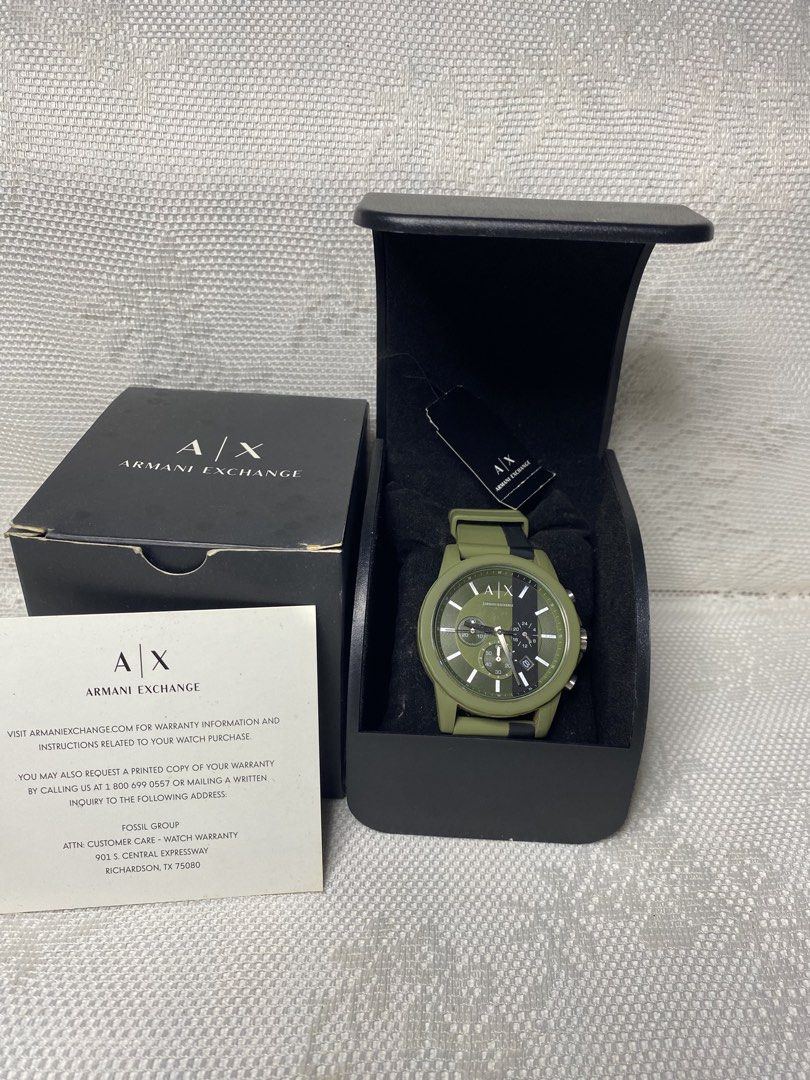 Armani Exchange watch (Category: Men's Watches) located in Angeles City. Submitted by noagrace (Listing ID 1466785682, Image 1). Description: Armani Exchange Active / Outerbanks Chronograph green and black watch model AX1333 complete with the brand box and warranty card distributed by the Fossil Group. Normal signs of use P3200.