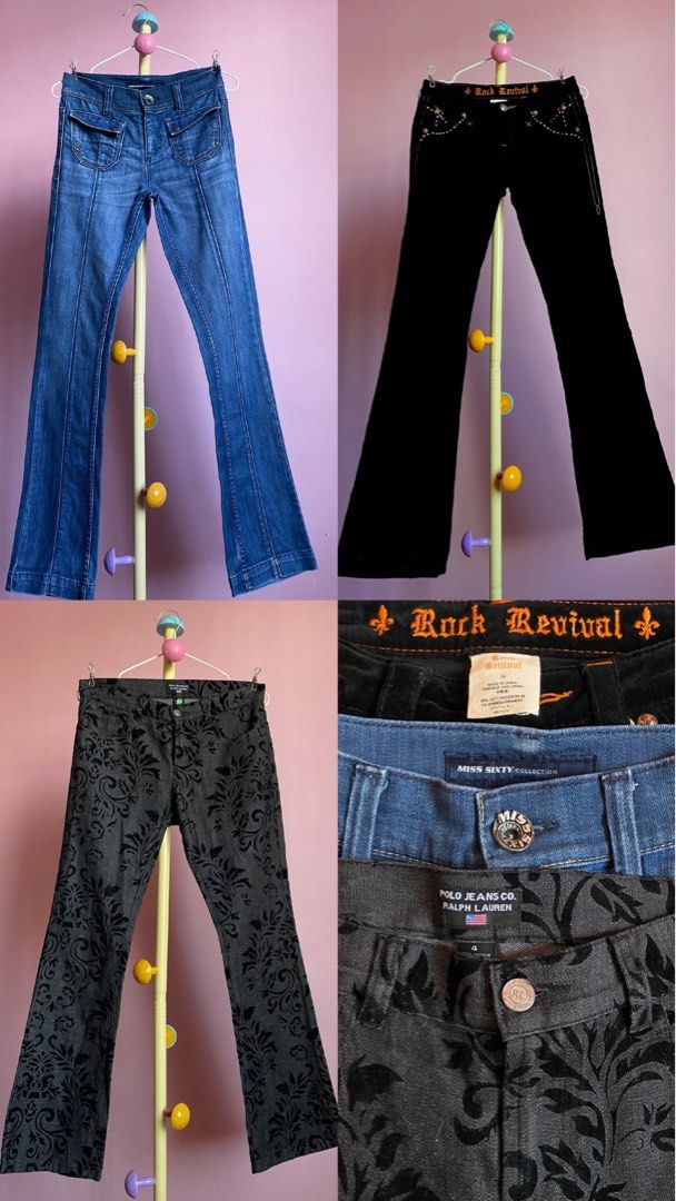 AS PACK BOOTCUT & FLARED JEANS (Category: Jeans) located in Binmaley. Submitted by vanilla_style (Listing ID 1466821263, Image 1). Description: RUSH RUSH RUSH‼️ TAKE ALL 1.9k — PRISTINE CONDITION!🩷 can ship now✨ MISS SIXTY Waist: 26 on tag fit size 30-31” Length: 40” Hips: 34” POLO JEANS RALPH LAUREN Waist: 31” Length: 37” Hips: 36” ROCK REVIVAL Waist: 30-31” Length: 41” Hips: 38.
