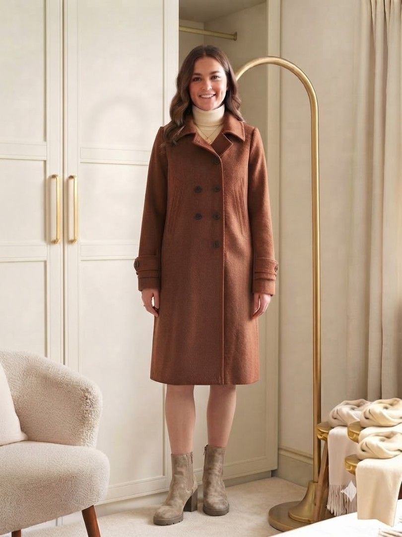 ASOS Brown Double-Breasted Wool Blend Coat Size UK 10 (Category: Coats, Jackets and Outerwear) located in Quezon City. Submitted by yusett (Listing ID 1466865439, Image 1). Description: - Brand: ASOS - Color: Brown - Material: Wool-blend fabric - Size: UK 10 / EU 38 / US 6 - Measurements: 21 inches width, 37 inches length - Design: Double-breasted, classic collar, front button closures, and structured sleeves with button cuffs - Pockets: Two side