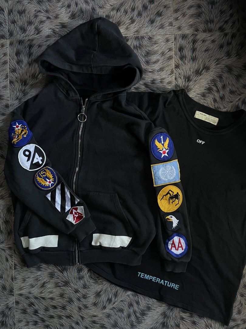 ASPACK Off-White Garments (Category: Hoodies) located in Manila. Submitted by streetnattylituptown (Listing ID 1466792163, Image 2). Description: ASPACK Off-White Garments Off-White™ c/o Virgil Abloh Black Multi Patches -Rarely Seen -Multi Patches -Boxy Fit -Good Condition Dimes: Large on Tag Length: 27 Width: 25 Off-White Temperature Diagonal -Single Stitching -Good Condition Dimes: Large on Tag Length: 29 Width: 23 UNLI VC UNLI VOUCH CABUYAO LA