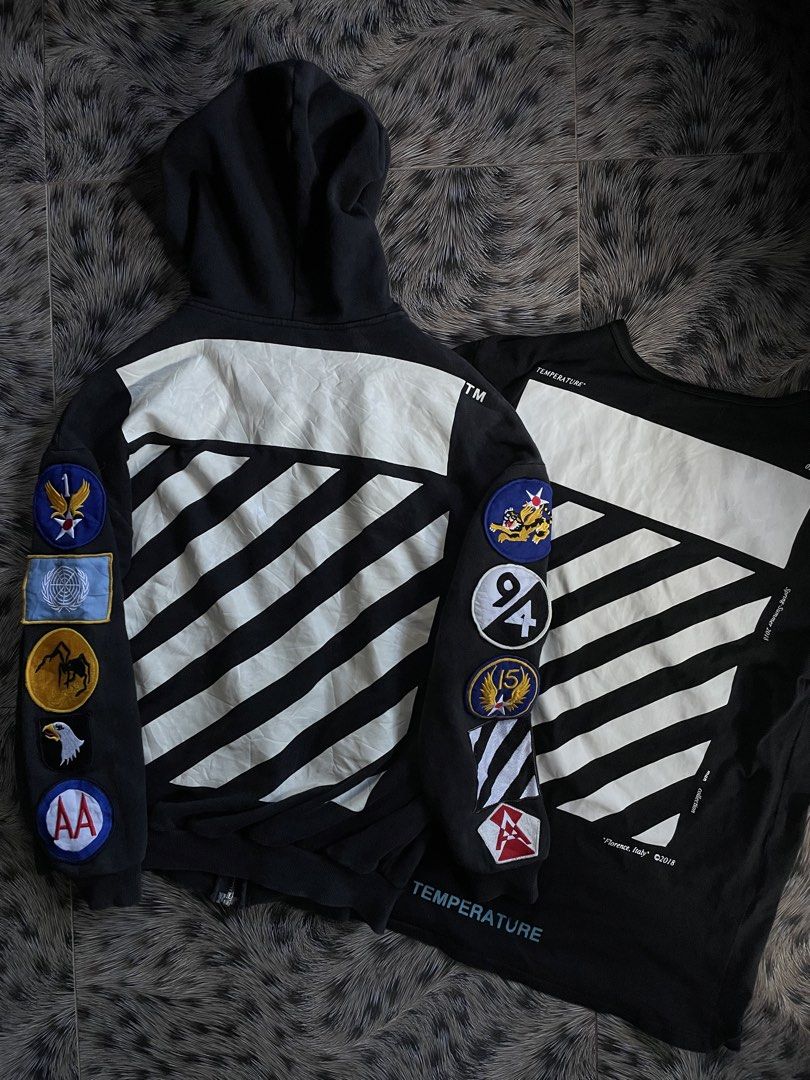 ASPACK Off-White Garments (Category: Hoodies) located in Manila. Submitted by streetnattylituptown (Listing ID 1466792163, Image 1). Description: ASPACK Off-White Garments Off-White™ c/o Virgil Abloh Black Multi Patches -Rarely Seen -Multi Patches -Boxy Fit -Good Condition Dimes: Large on Tag Length: 27 Width: 25 Off-White Temperature Diagonal -Single Stitching -Good Condition Dimes: Large on Tag Length: 29 Width: 23 UNLI VC UNLI VOUCH CABUYAO LA