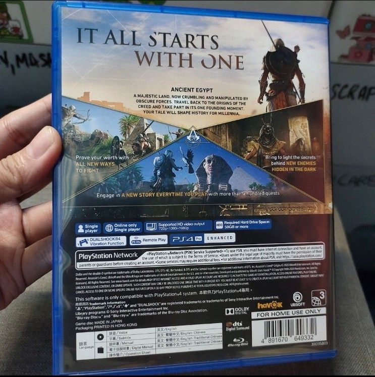Assassin's Creed Origins PS4 Game (Category: PlayStation) located in Quezon City. Submitted by dncpreloved (Listing ID 1466884887, Image 2). Description: BOUGHT NEVER PLAYED - Title: Assassin's Creed Origins for PlayStation 4 - Setting: Explore ancient Egypt during the rise of the Brotherhood - Includes: Original blue case, game disc, cover art booklet, and warranty manual insert - Condition: Case and disc are both clean and well-maintained - Reg