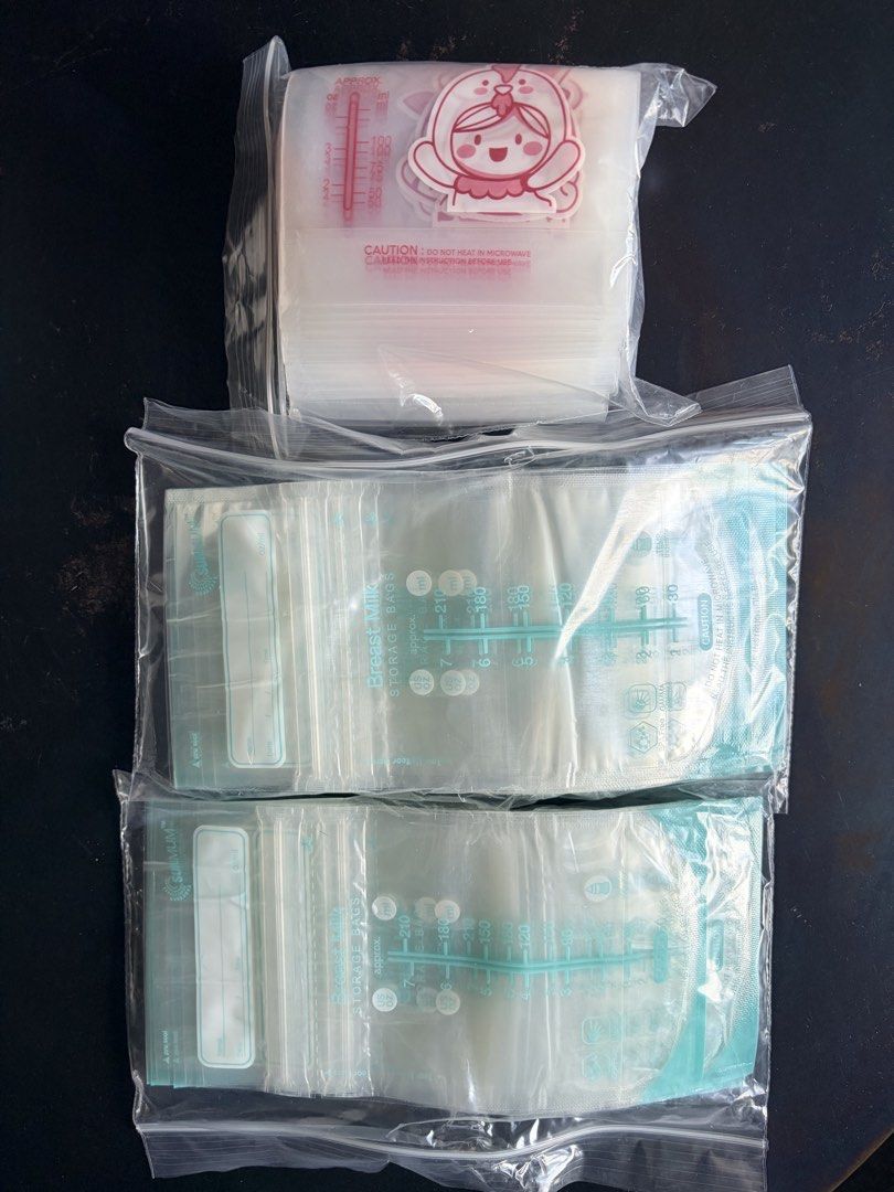 Assorted Breast Milk Storage Bags Packs (Category: Breastfeeding & Bottle Feeding) located in Manila. Submitted by xtinramirez (Listing ID 1466869266, Image 1). Description: - Bundle of 3 sealed packs of breast milk storage bags - 1x pack with cute pink character design (holds up to 100ml) - 2x Sunmum brand packs (holds up to 210ml each) - All bags remain securely sealed in original ziplock packaging - Perfect and reliable stash for nursing mothe