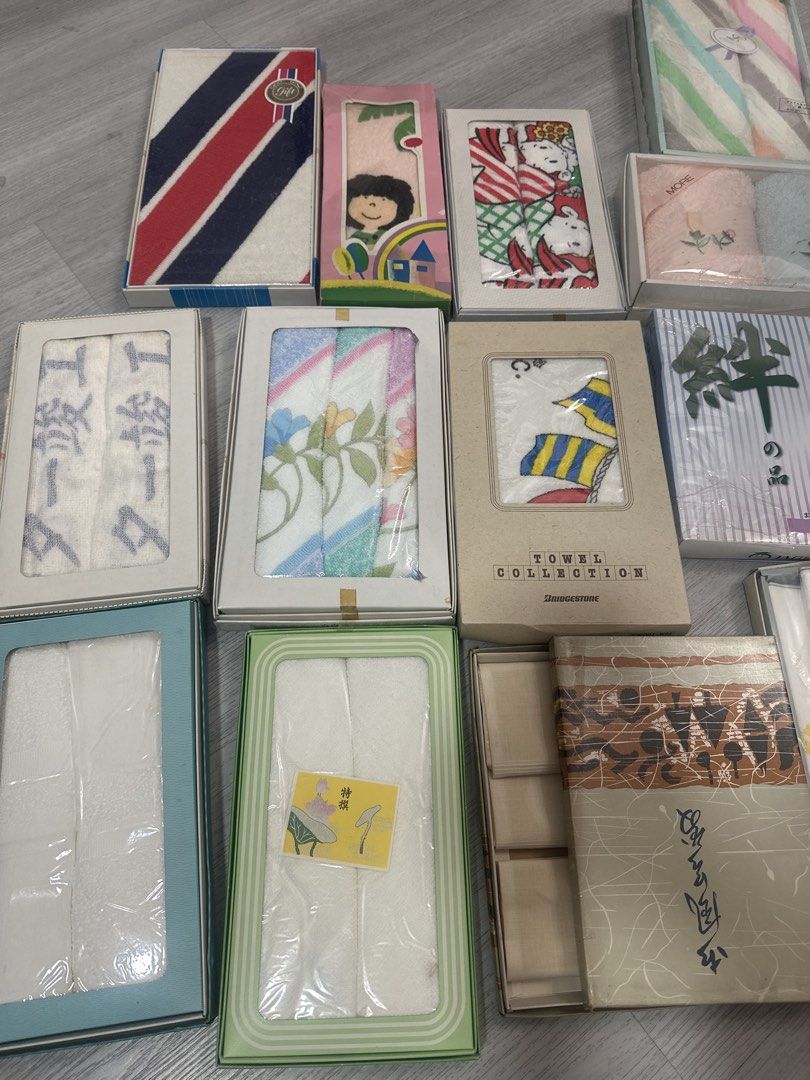 Assorted Japanese Towel Gift Sets and Handkerchiefs (Category: Bedding & Towels) located in Cainta. Submitted by shopbyyna (Listing ID 1466874334, Image 2). Description: - Authentic Japanese boxed towel gift sets - Designs: Snoopy, floral embroidery, stripes, Harvest, and Bridgestone prints - Condition: Brand new, unused, in original packaging - Ideal for gifts, housewarming, or everyday home use As is 100percent cotton. Made in japan For take AL