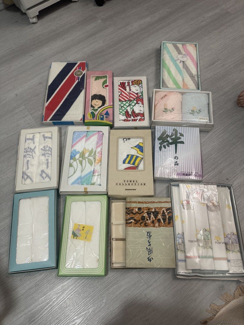 Assorted Japanese Towel Gift Sets and Handkerchiefs (Category: Bedding & Towels) located in Cainta. Submitted by shopbyyna (Listing ID 1466874334, Image 1). Description: - Authentic Japanese boxed towel gift sets - Designs: Snoopy, floral embroidery, stripes, Harvest, and Bridgestone prints - Condition: Brand new, unused, in original packaging - Ideal for gifts, housewarming, or everyday home use As is 100percent cotton. Made in japan For take AL