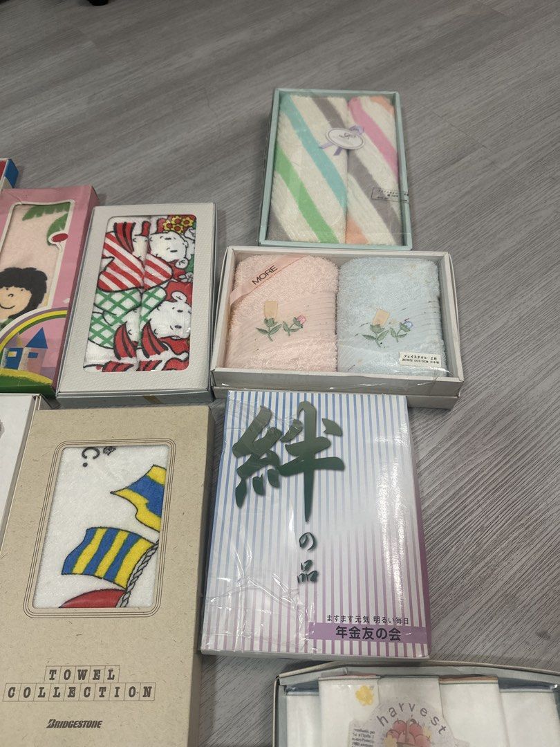 Assorted Japanese Towel Gift Sets and Handkerchiefs (Category: Bedding & Towels) located in Cainta. Submitted by shopbyyna (Listing ID 1466874334, Image 3). Description: - Authentic Japanese boxed towel gift sets - Designs: Snoopy, floral embroidery, stripes, Harvest, and Bridgestone prints - Condition: Brand new, unused, in original packaging - Ideal for gifts, housewarming, or everyday home use As is 100percent cotton. Made in japan For take AL