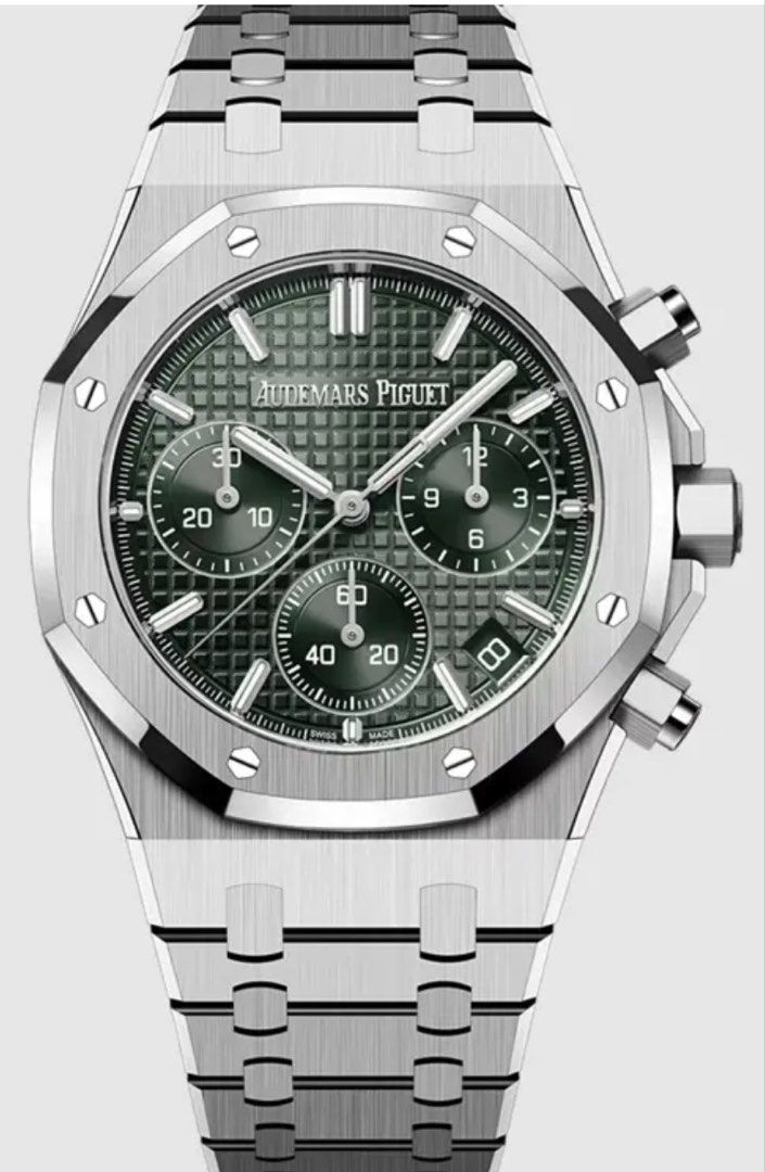 Audemars Piguet 26240ST.OO.1320ST.08 41mm Royal Oak Chronograph Green Dial (Category: Watches) located in Singapore. Submitted by andydanielng (Listing ID 1466874807, Image 1). Description: - Model: Audemars Piguet Royal Oak Chronograph - Material: Stainless steel case and integrated bracelet - Dial: Textured green Grande Tapisserie with dark sub-dials and date window - Bezel: Iconic octagonal design with visible hexagonal screws - Movement: Auto