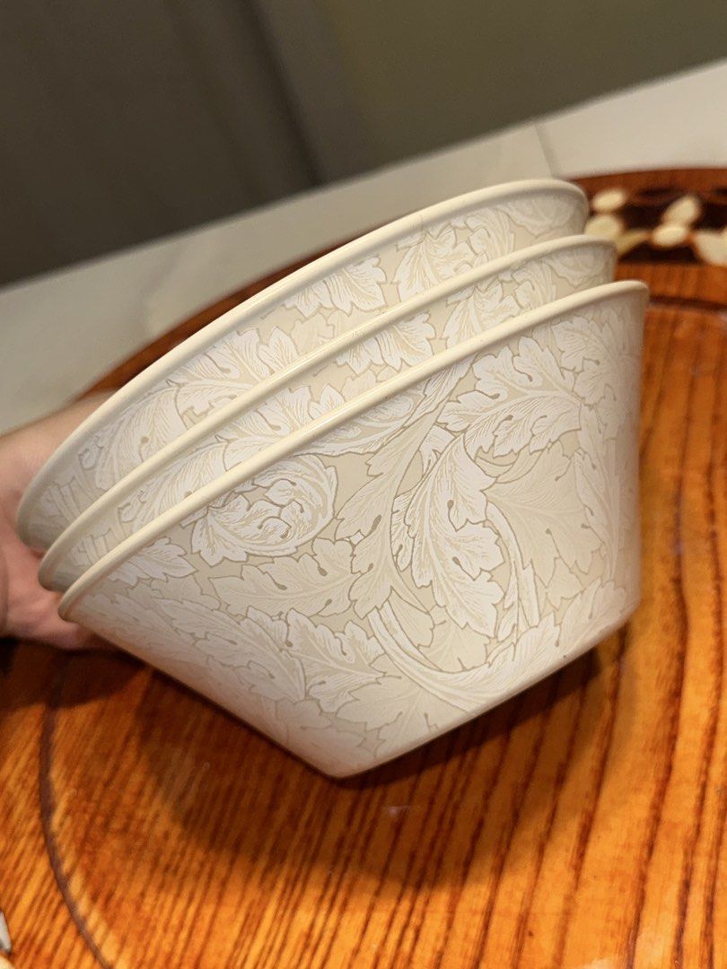 Aureus Leaf Pattern Ceramic Bowls Set of 3 (Category: Dinnerware & Cutlery) located in Manila. Submitted by tenshiii185 (Listing ID 1466915690, Image 3). Description: - Set of 3 ceramic bowls from Aureus, made in Thailand - Cream background with a detailed leaf and botanical pattern - Microwave and dishwasher safe for easy daily use - Stackable design with slightly flared rims for neat storage - Versatile size great for cereal, soup, or side dish