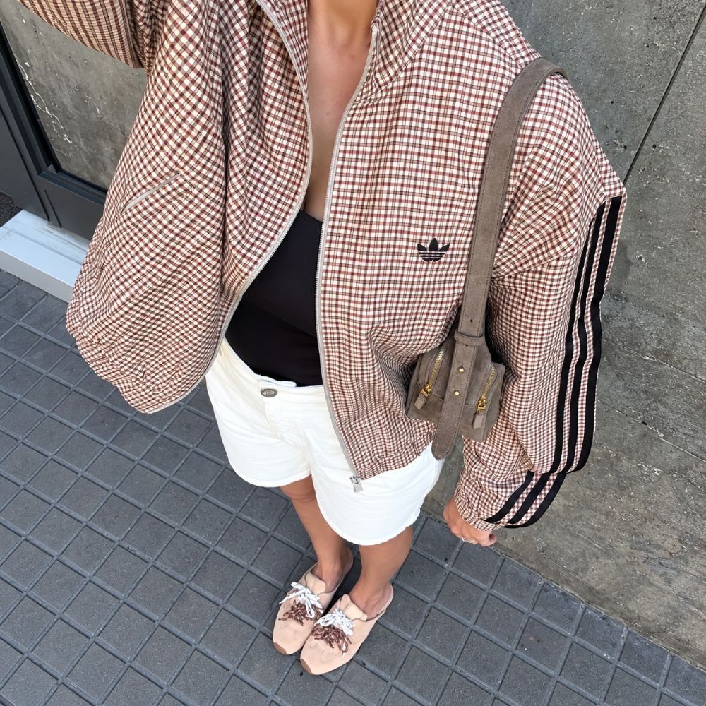 Authentic ADIDAS Brown Oversized Checkered Funnel Track Jacket & Pants Set XS Small Medium (Category: Sets or Coordinates) located in Davao. Submitted by carinescloset (Listing ID 1463822505, Image 3). Description: ‼️ Message me for when worn video ‼️ ADIDAS Oversized Checkered Track Jacket & Pants Set • Model reference: 25 waist, 5'0" (XS) • Mannequin reference: 27 waist, 36 bust (Small) • On-trend funnel / high-neck track jacket • Pants with ad
