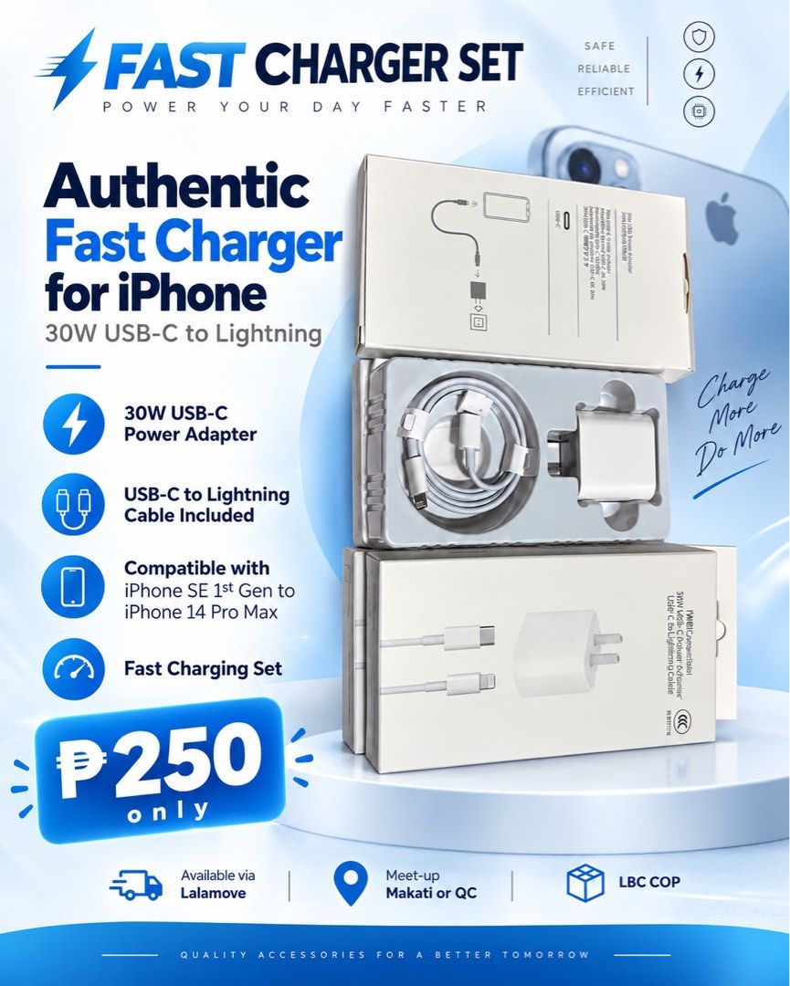 ⚡️Authentic iPhone Fast Charger 30W⚡️ (Category: Chargers & Cables) located in Manila. Submitted by mystuff2k26 (Listing ID 1466927339, Image 1). Description: Need mo ng fast charger pero ayaw mo gumastos nang malaki? 👀📱 Ito na! 🔌 30W USB-C Power Adapter ⚡ USB-C to Lightning Cable included 🚀 Fast charging 📱 Compatible with iPhone SE 1st Gen hanggang iPhone 14 Pro Max 💰 ₱250 ONLY! 📍 Meet-up: Commonwealth, QC 🛵 Pwede rin via Lalamove 📦 LBC