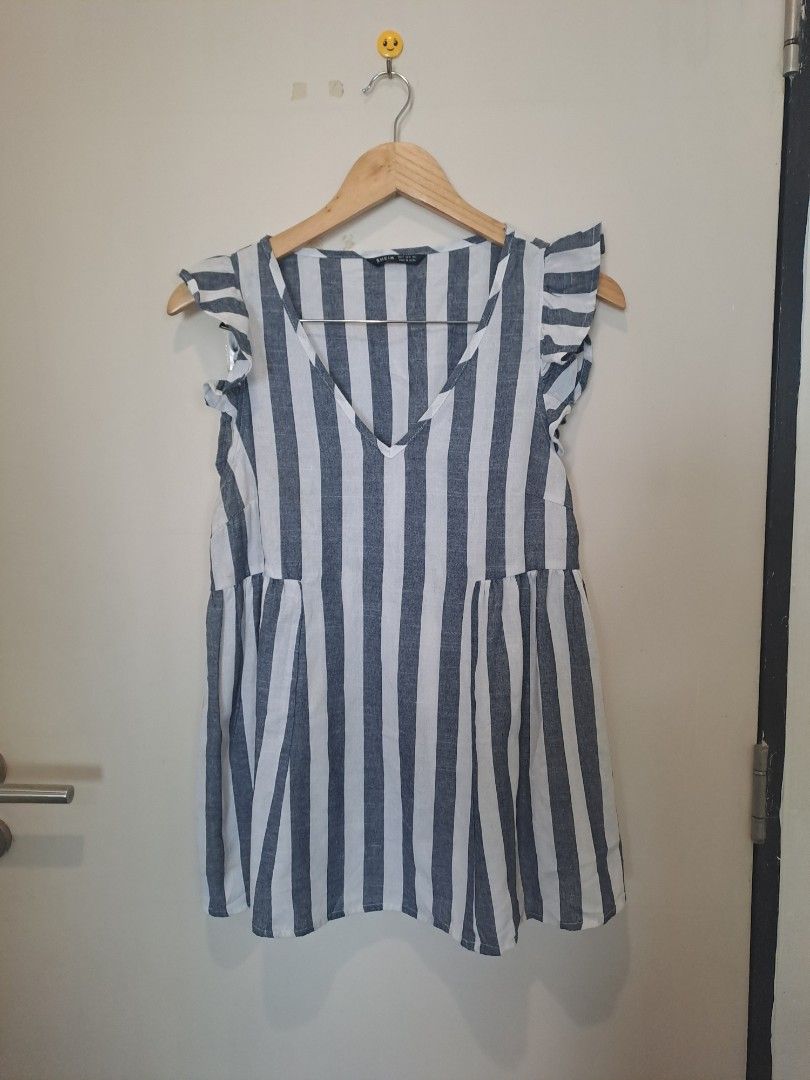Babay doll sleeveless (Category: Sleeveless) located in Manila. Submitted by joanbalde39643 (Listing ID 1466837827, Image 1). Description: The item featured is a blue and white vertically striped babydoll top from the brand SHEIN. It features a flattering V-neckline, short ruffed/flounce sleeves, and an empire waist that flows out into a relaxed bodice..