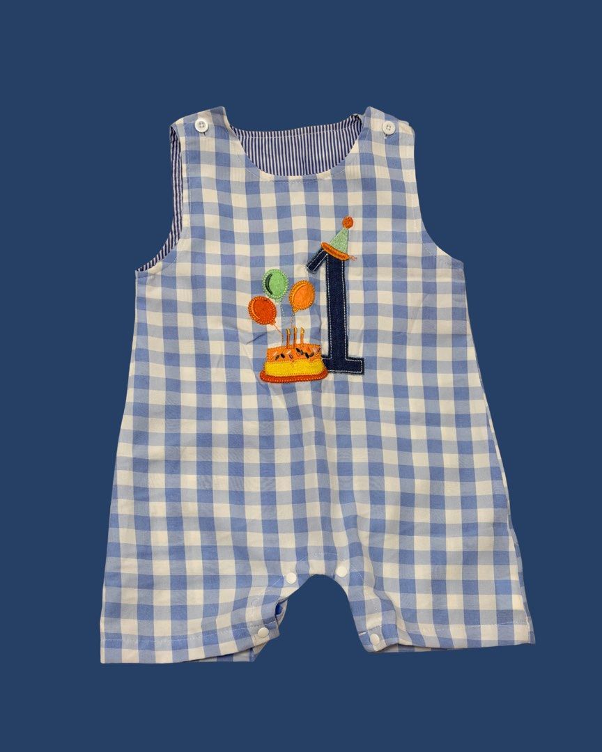 Baby Boy 1st Birthday Blue Gingham Romper (Category: Babies & Kids Fashion) located in Manila. Submitted by judyarmenta (Listing ID 1466861202, Image 1). Description: - Adorable light blue and white gingham bubble romper for 1st birthdays - Features a blue number 1 appliqué, embroidered birthday cake, and colorful balloons - Sleeveless design with convenient shoulder button closures - Bottom snap closure for quick and easy diaper changes - Fully 