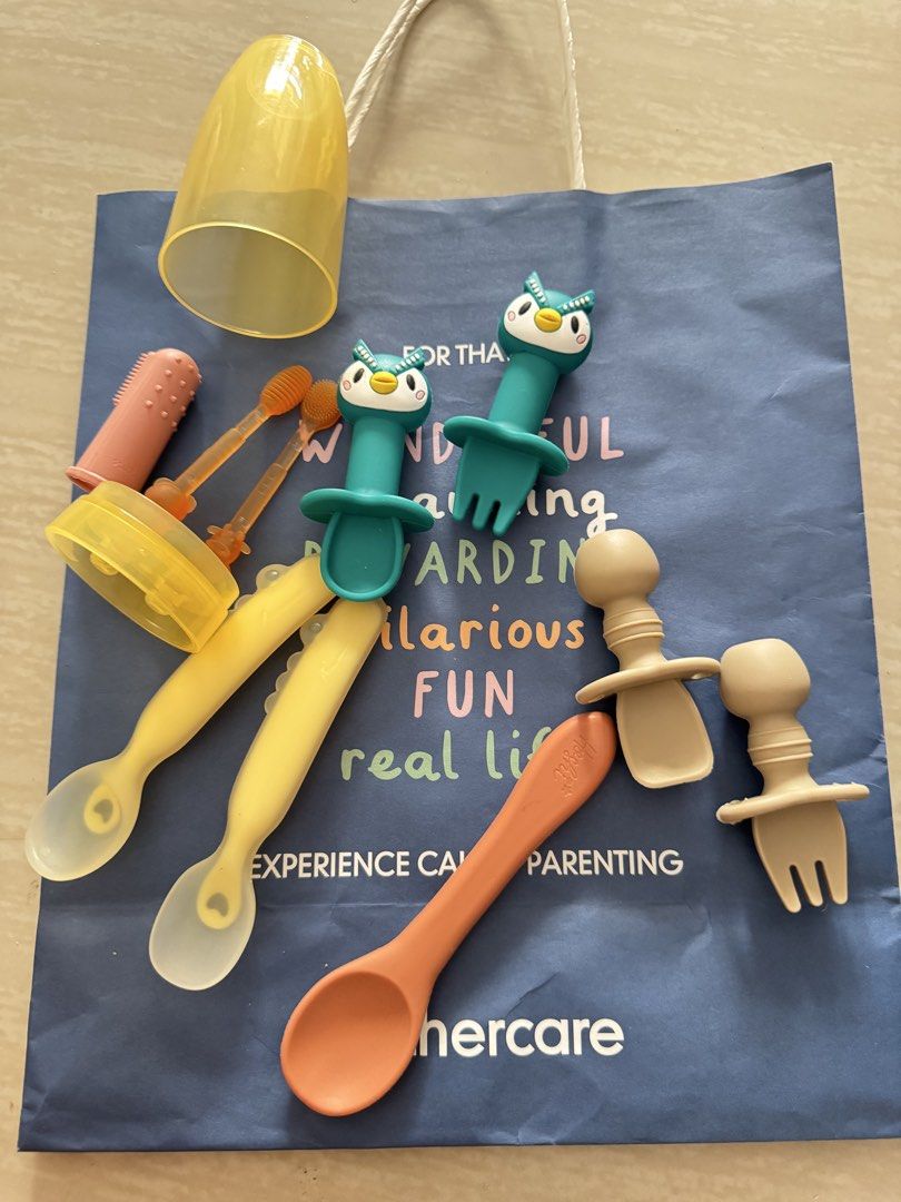 Baby Silicone Utensils Spoons Forks Teether Bundle (Category: Weaning & Toddler Feeding) located in Antipolo. Submitted by shop__dnce (Listing ID 1466794489, Image 1). Description: - All-in-one toddler feeding starter set for self-feeding beginners - Includes flexible silicone spoons, adorable owl-handle forks, teething brushes, and a handy yellow storage cup - Features trendy pastel and earthy colors (beige, teal, orange, yellow) - Soft, flexibl