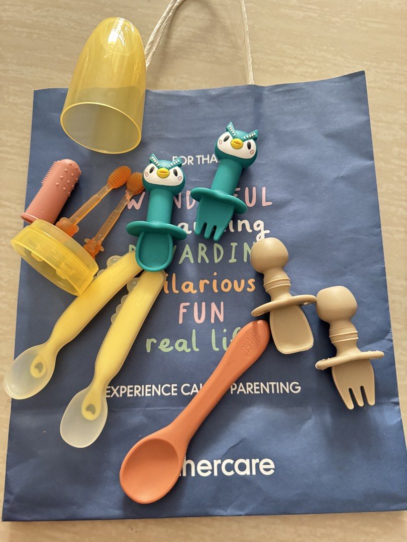 Baby Silicone Utensils Spoons Forks Teether Bundle (Category: Weaning & Toddler Feeding) located in Antipolo. Submitted by shop__dnce (Listing ID 1466794489, Image 2). Description: - All-in-one toddler feeding starter set for self-feeding beginners - Includes flexible silicone spoons, adorable owl-handle forks, teething brushes, and a handy yellow storage cup - Features trendy pastel and earthy colors (beige, teal, orange, yellow) - Soft, flexibl