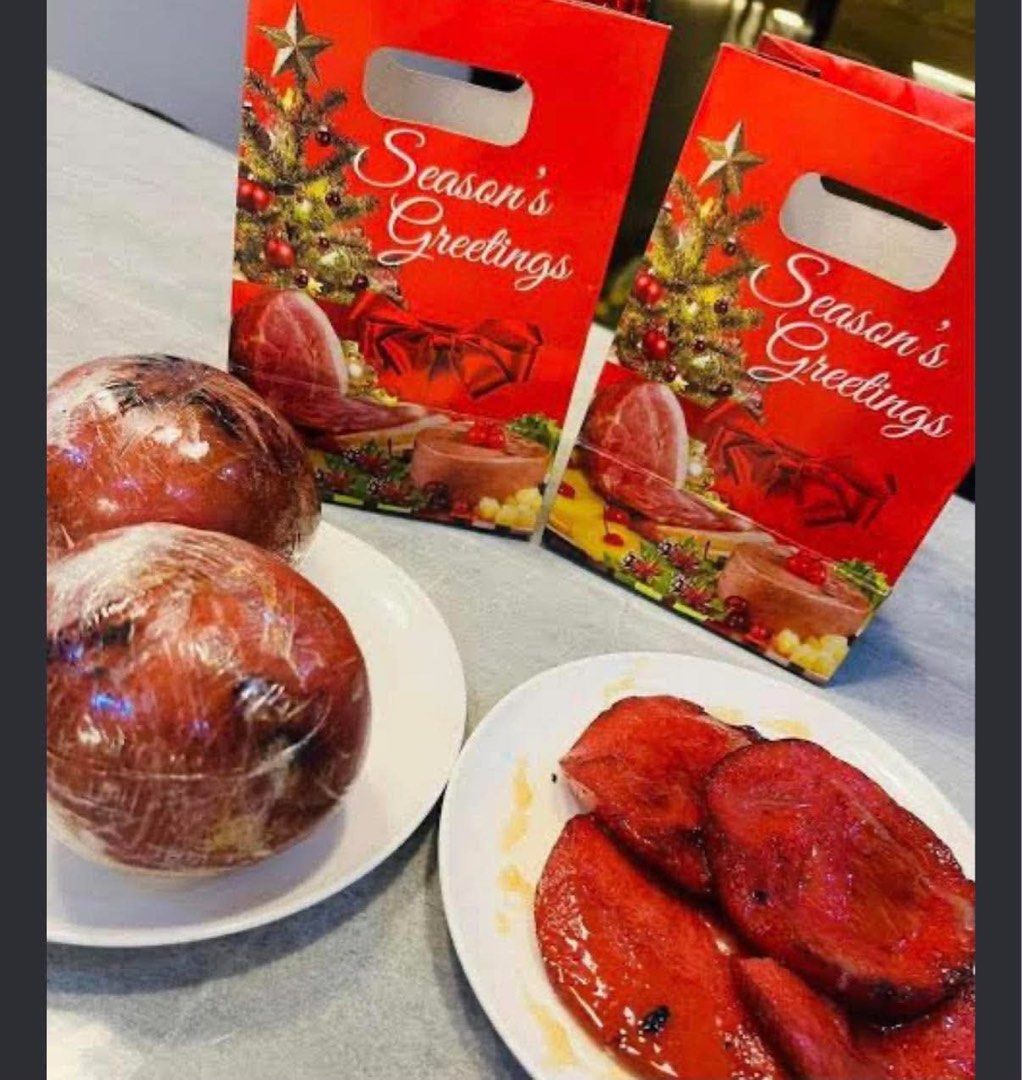 Ball ham (Category: Gift Baskets & Hampers) located in Manila. Submitted by mica_03 (Listing ID 1466878402, Image 2). Description: - Christmas ball ham - ₱230/kilo - deliciously wrapped hams ready to serve - Comes with matching Season's Greetings carrier bags.
