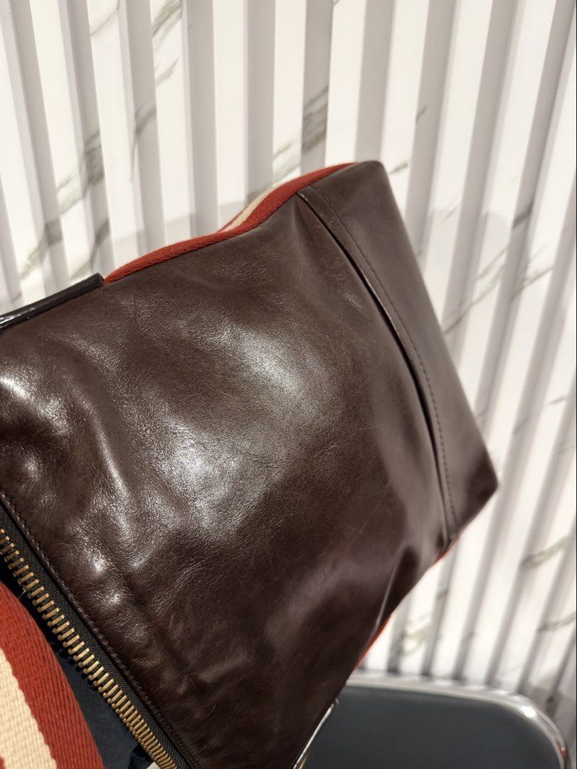 Bally Brown Leather Crossbody Bag (Category: Sling Bags) located in Quezon City. Submitted by houseoftrends_ (Listing ID 1466787090, Image 3). Description: Brown leather crossbody bag with distinctive red and white striped web strap. Gold-tone hardware throughout, including chunky double zippers on top and a zipped pocket on the front. Bally branding stamped on the leather and engraved on zipper pulls. Adjustable strap with metal buckle. Born in 