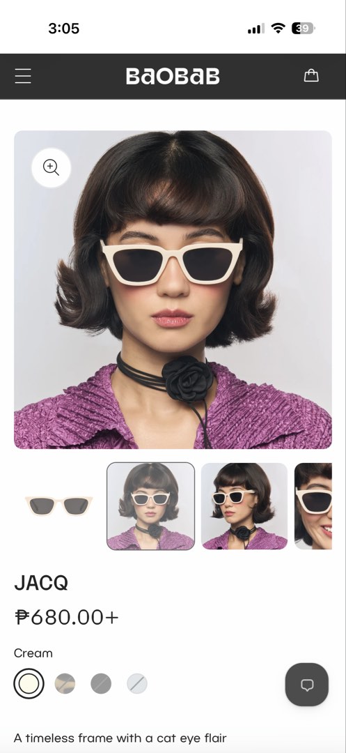 Baobab JACQ Sunglasses in Cream (Category: Sunglasses & Eyewear) located in Manila. Submitted by ktyyycloset (Listing ID 1466963573, Image 3). Description: - Brand: Baobab - Model: JACQ Sunglasses - Color: Cream (versatile neutral tone) - Style: Timeless frame with a chic cat-eye flair - Lenses: Dark tinted for essential sun protection - Condition: used twice for a trip SRP is 680.