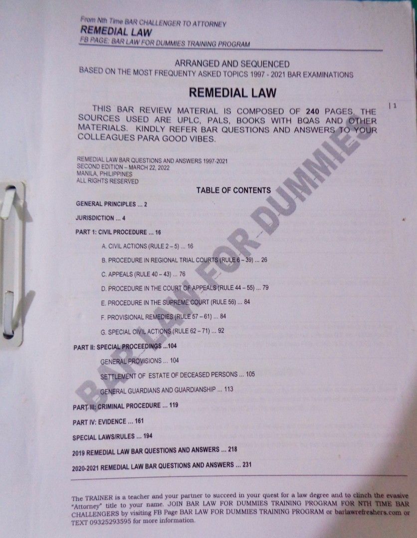 Bar Q & A Reviewers Set (Category: Textbooks) located in Naga. Submitted by caffein8d (Listing ID 1466800165, Image 3). Description: - Complete set of Bar Q and A Review Materials - Covers Taxation Law, Remedial Law, Political Law, Legal & Judicial Ethics, and more - based on 1987-2021 bar examinations - Printed pages securely bound with fasteners inside green folders, with some unfastened pages; with annotations and highlights - Includes complet