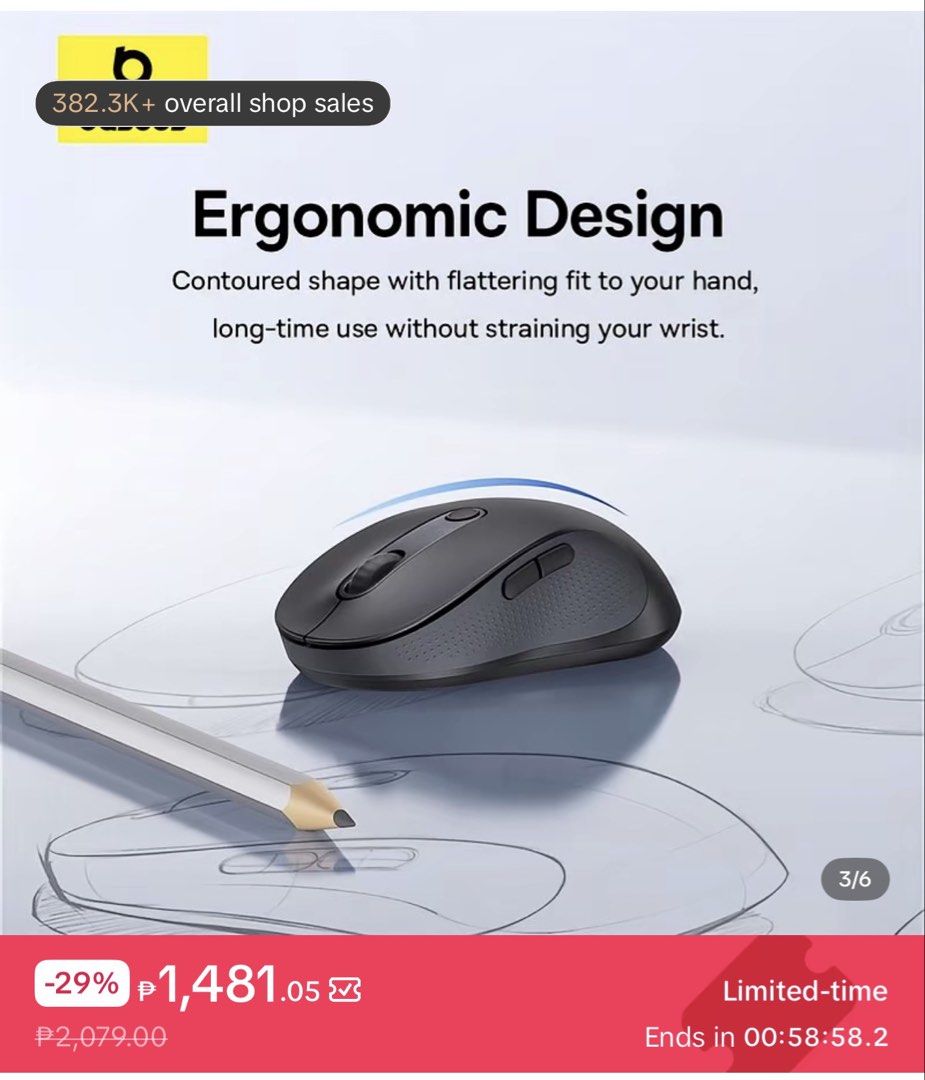 Baseus F02 Ergonomic Wireless Mouse Bluetooth 2.4GHz (Category: Mouse & Mousepads) located in Bacoor. Submitted by cathshoppit (Listing ID 1466968321, Image 3). Description: Baseus F02 ergonomic wireless mouse in dark grey. Dual-mode connection supports Bluetooth 5.2 and 2.4GHz USB receiver. 30dB quiet buttons won't disturb people around you. 1600-4000 adjustable DPI settings for smooth tracking across PCs, laptops, and tablets. Comfortable conto
