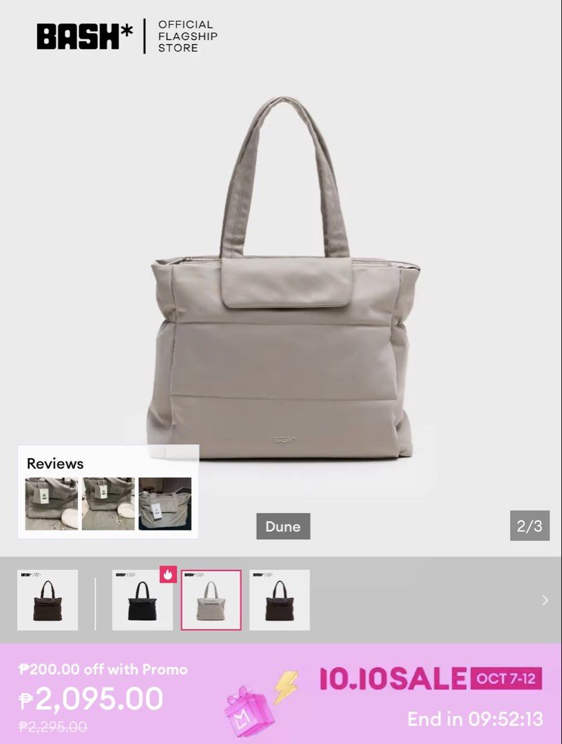 BASH Gateway Weekday Tote in Dune (Category: Tote Bags) located in Quezon City. Submitted by rajrajraj2022 (Listing ID 1466787064, Image 2). Description: BASH Gateway Weekday Tote bag in Dune colorway. Puffer style design with quilted sections, top zip closure, and front flap pocket. Dual shoulder straps. Includes original dust bag and plastic packaging with tags attached. Used once, item straight from the official store. original mall price @ Ph