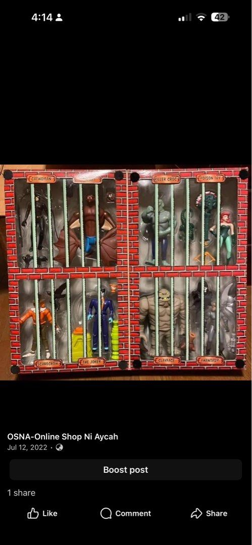 Batman Rogue's Gallery Action Figures Collector Set (Category: Figurines & Statues) located in Quezon City. Submitted by lylesofia (Listing ID 1466961415, Image 1). Description: - Complete set of 8 Batman villains: Joker, Catwoman, Man-Bat, Killer Croc, Poison Ivy, Scarecrow, Clayface, and Phantasm - Brand new, figures remain untouched inside the original packaging - Unique custom jail cell packaging with brick graphics and individual cell bars -