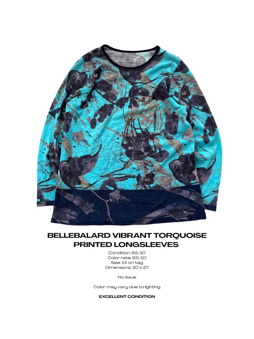 BELLEBALARD VIBRANT TORQUOISE PRINTED LONG SLEEVES (Category: Coats, Jackets and Outerwear) located in Magarao. Submitted by chalkzone20 (Listing ID 1466832915, Image 1). Description: Excellent condition.