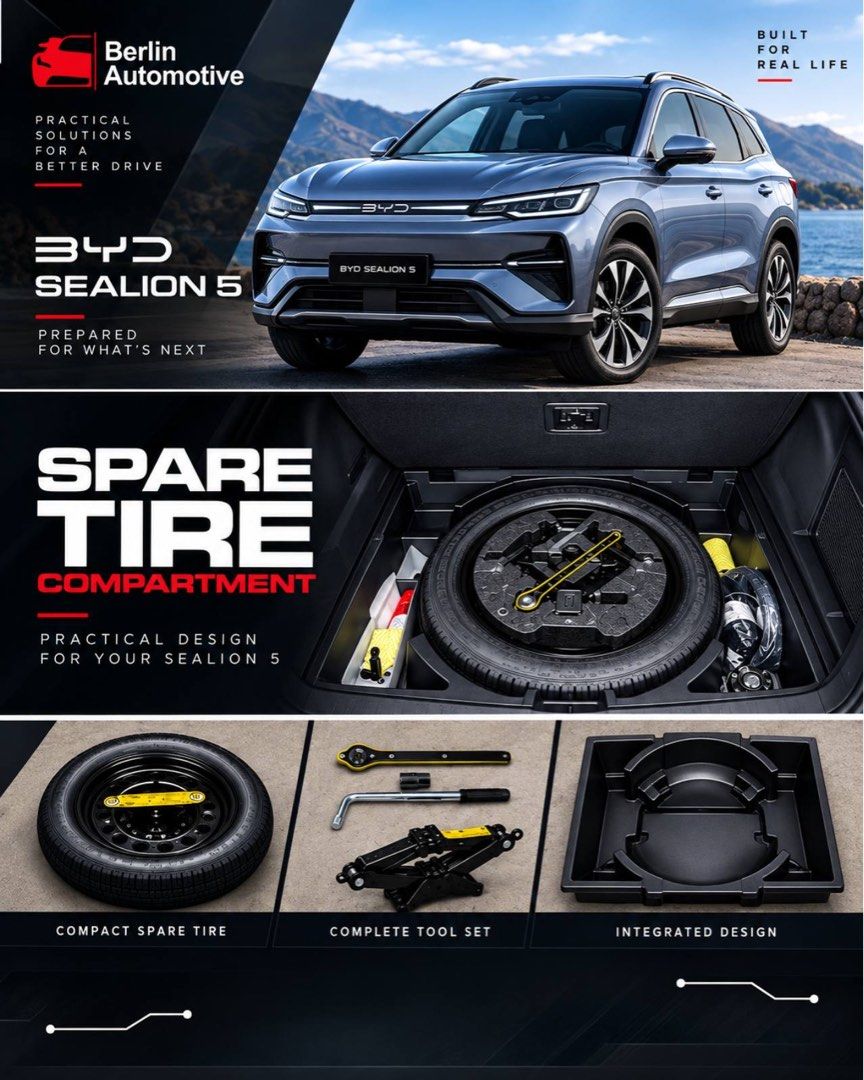 BERLIN AUTOMOTIVE SPARE TIRE COMPARTMENT (Category: Mags and Tires) located in Quezon City. Submitted by etconlineshop (Listing ID 1466842179, Image 2). Description: 🚗 Berlin Automotive — Spare Tire Compartment Maximize your space. Stay prepared. Upgrade your Geely EX5 EM-i, BYD Sealion 6 & BYD Sealion 5 with the Berlin Automotive Spare Tire Compartment — a practical, organized solution designed for a cleaner and more functional cargo area. ✅ Co