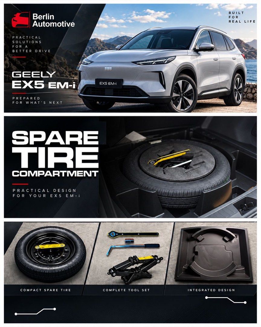 BERLIN AUTOMOTIVE SPARE TIRE COMPARTMENT (Category: Mags and Tires) located in Quezon City. Submitted by etconlineshop (Listing ID 1466842179, Image 3). Description: 🚗 Berlin Automotive — Spare Tire Compartment Maximize your space. Stay prepared. Upgrade your Geely EX5 EM-i, BYD Sealion 6 & BYD Sealion 5 with the Berlin Automotive Spare Tire Compartment — a practical, organized solution designed for a cleaner and more functional cargo area. ✅ Co