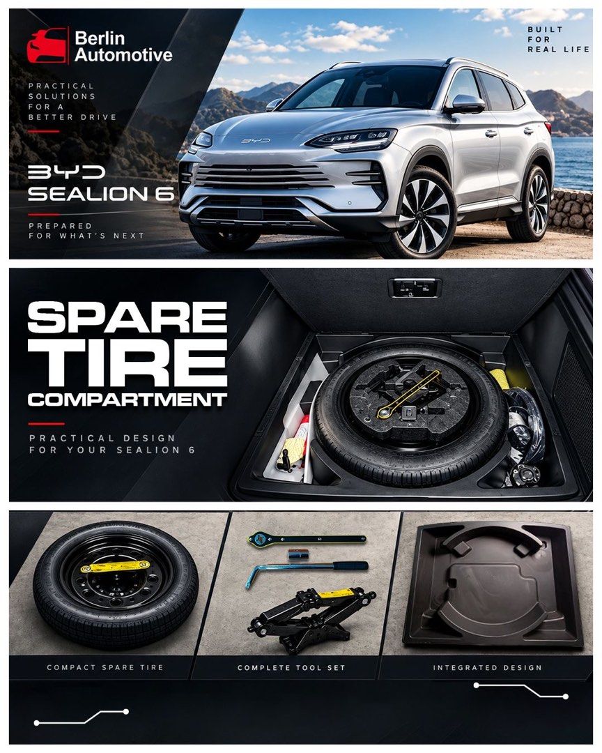 BERLIN AUTOMOTIVE SPARE TIRE COMPARTMENT (Category: Mags and Tires) located in Quezon City. Submitted by etconlineshop (Listing ID 1466842179, Image 1). Description: 🚗 Berlin Automotive — Spare Tire Compartment Maximize your space. Stay prepared. Upgrade your Geely EX5 EM-i, BYD Sealion 6 & BYD Sealion 5 with the Berlin Automotive Spare Tire Compartment — a practical, organized solution designed for a cleaner and more functional cargo area. ✅ Co