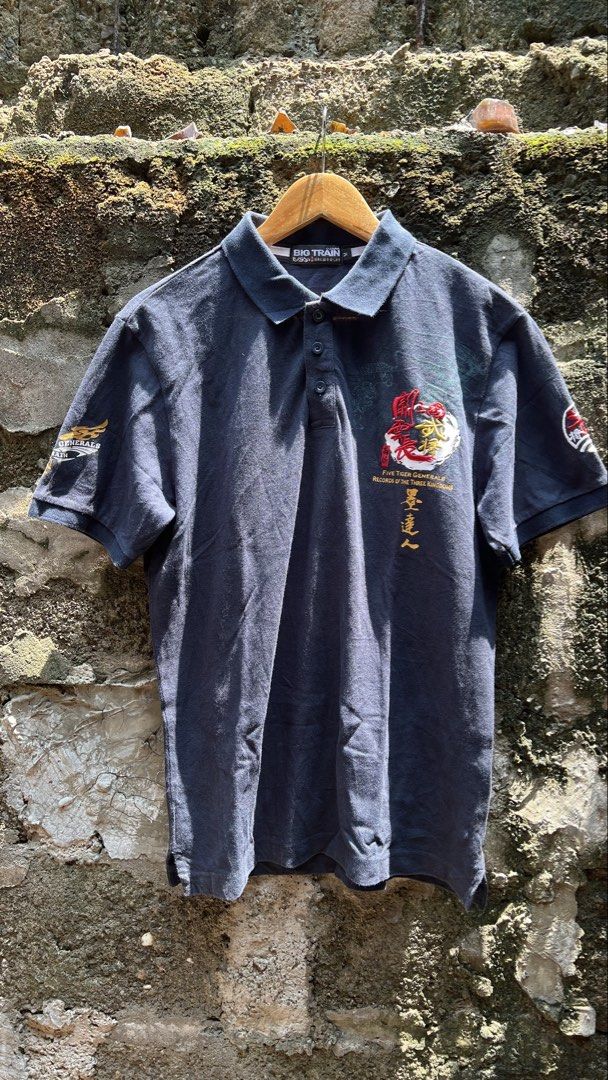 Big Train Five Tiger Generals Polo Shirt (Category: Tshirts & Polo Shirts ) located in Manila. Submitted by thrift_cass (Listing ID 1466859618, Image 1). Description: - Brand: Big Train - Style: Dark grey short-sleeve polo shirt - Size: Medium (M) - Material: Comfortable 100% cotton - Details: Embroidered Five Tiger Generals 'Records of the Three Kingdoms' graphics on chest and sleeve - Closure: Standard 3-button placket - Condition: Excellent fo