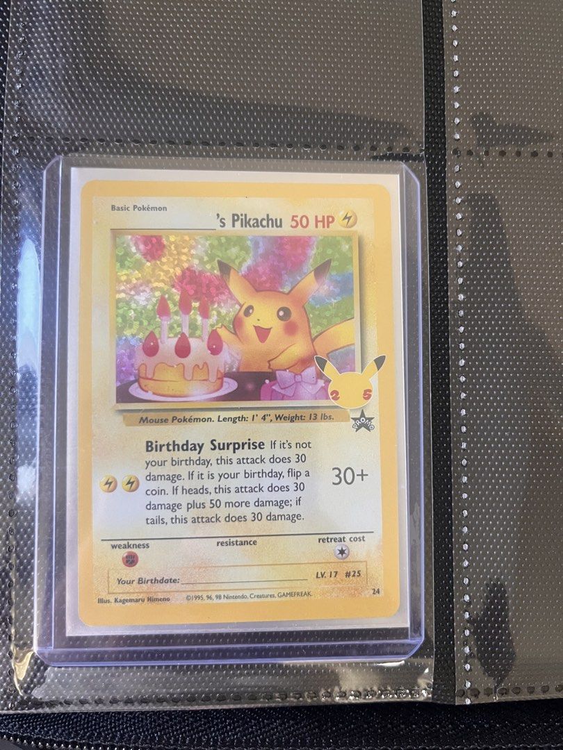 Birthday Pikachu 24 (Category: Raw Singles) located in Quezon City. Submitted by mimimi4444 (Listing ID 1466836642, Image 1). Description: Nm condition. Meet up or pick up at eastwood global plaza luxury residence negotiable .