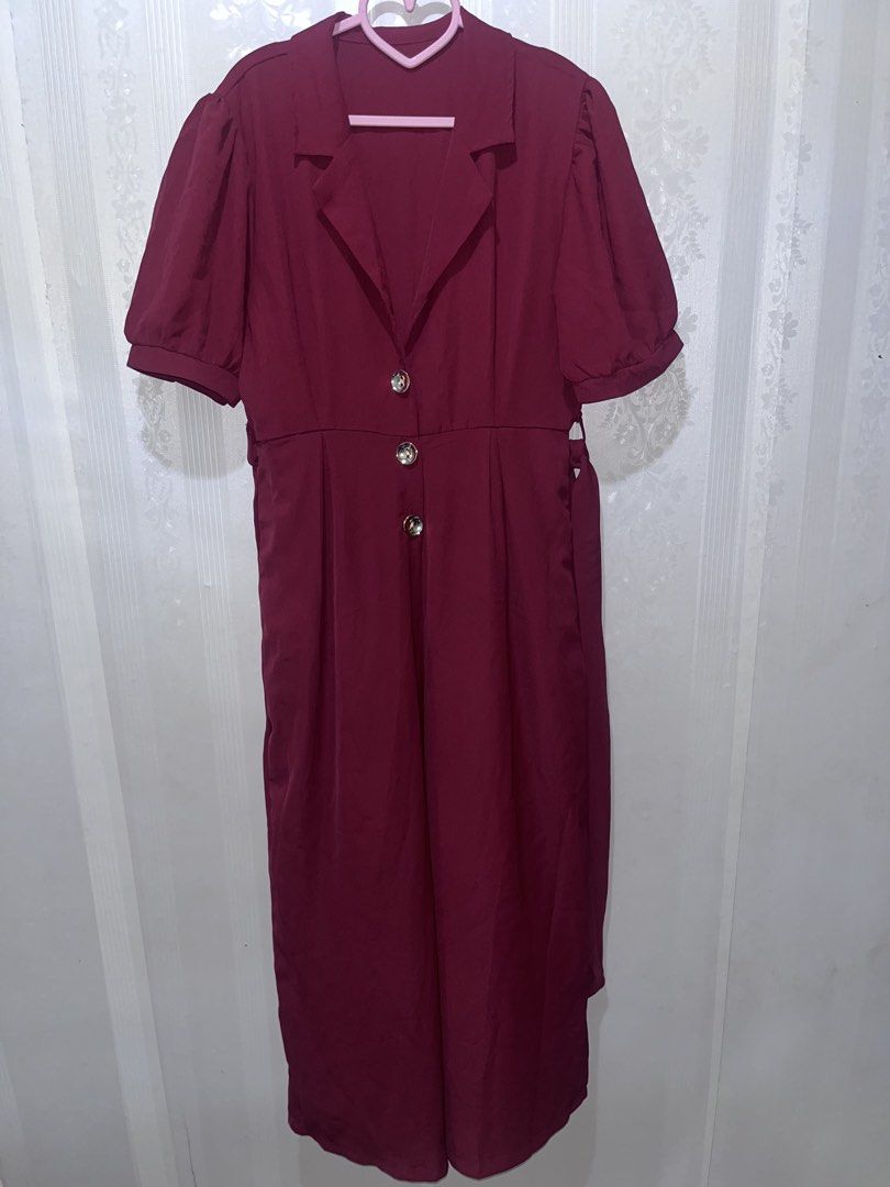 Bkk maroon jumpsuit (Category: Jumpsuits) located in San Juan City. Submitted by raidjesscloset (Listing ID 1466828581, Image 1). Description: Deep maroon color. High quality bangkok jumpsuit. With side pockets and strap belt. Can fit M-2XL. Flaw: missing 1 button pero not halata.