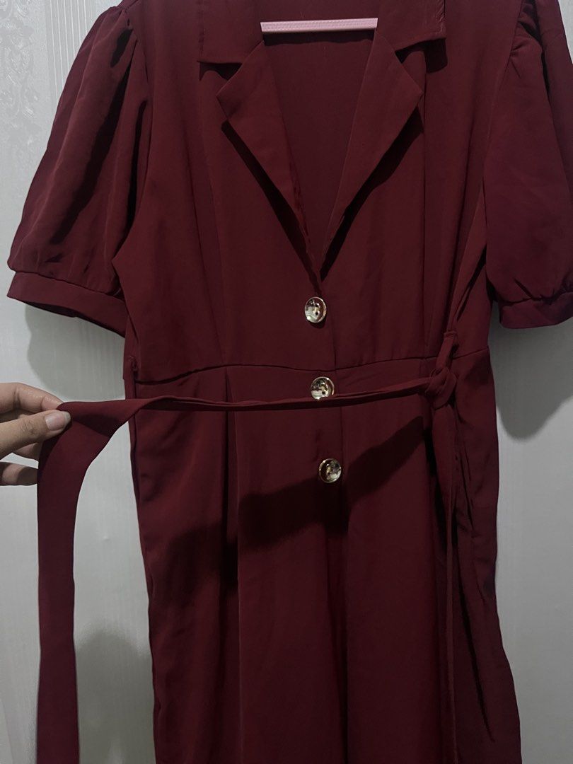 Bkk maroon jumpsuit (Category: Jumpsuits) located in San Juan City. Submitted by raidjesscloset (Listing ID 1466828581, Image 3). Description: Deep maroon color. High quality bangkok jumpsuit. With side pockets and strap belt. Can fit M-2XL. Flaw: missing 1 button pero not halata.