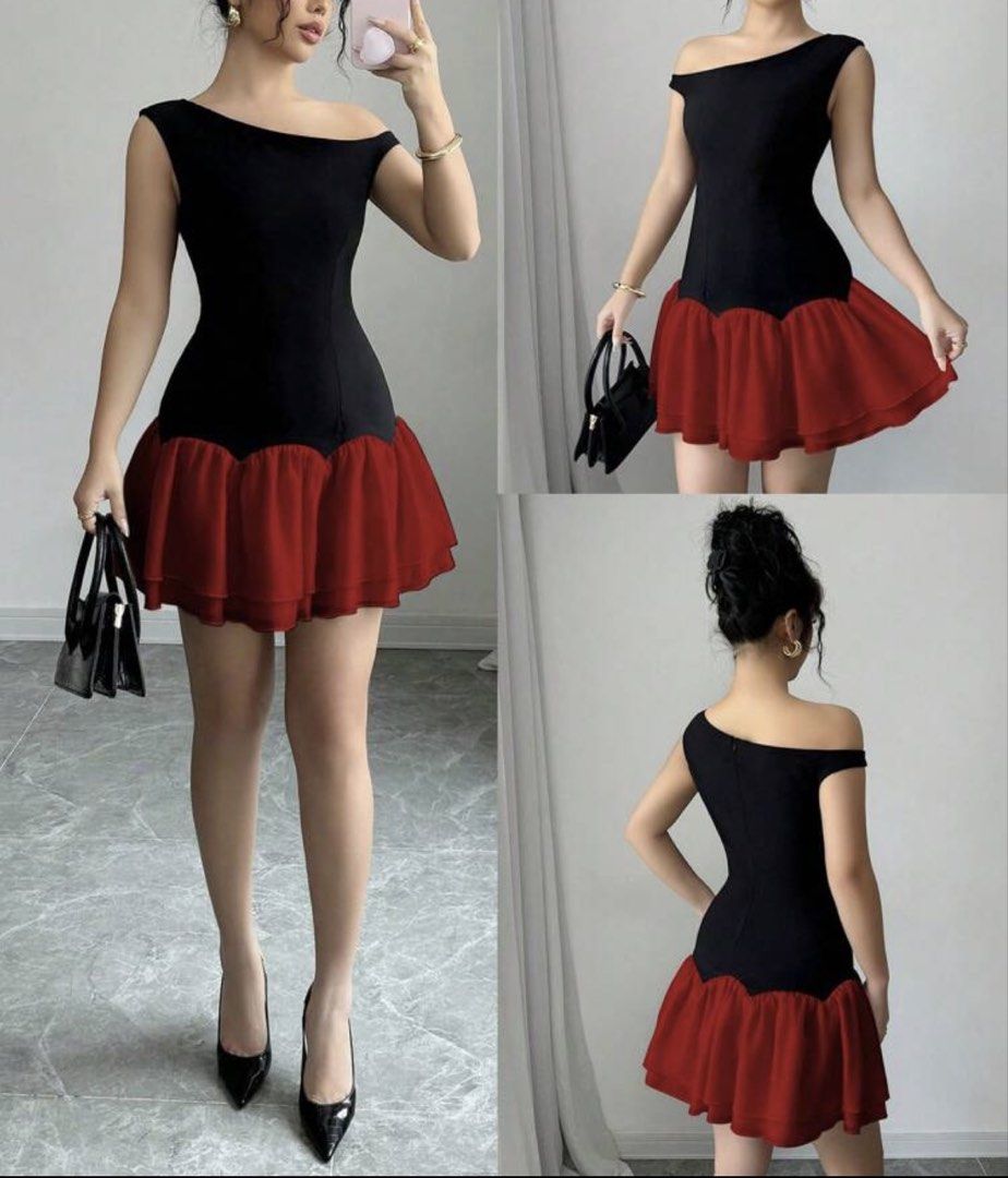 Black and Maroon One-Shoulder Mini Dress (Category: Dresses) located in Quezon City. Submitted by eybiiii (Listing ID 1466917776, Image 3). Description: - Size: S (fits true to size) - Color/Design: Black and maroon contrast with a shiny finish - Style: One-shoulder top, flared tiered skirt, and scalloped waist - Closure: Back zipper - Origin: Made in China - Perfect for: Parties, clubbing, and night outs.