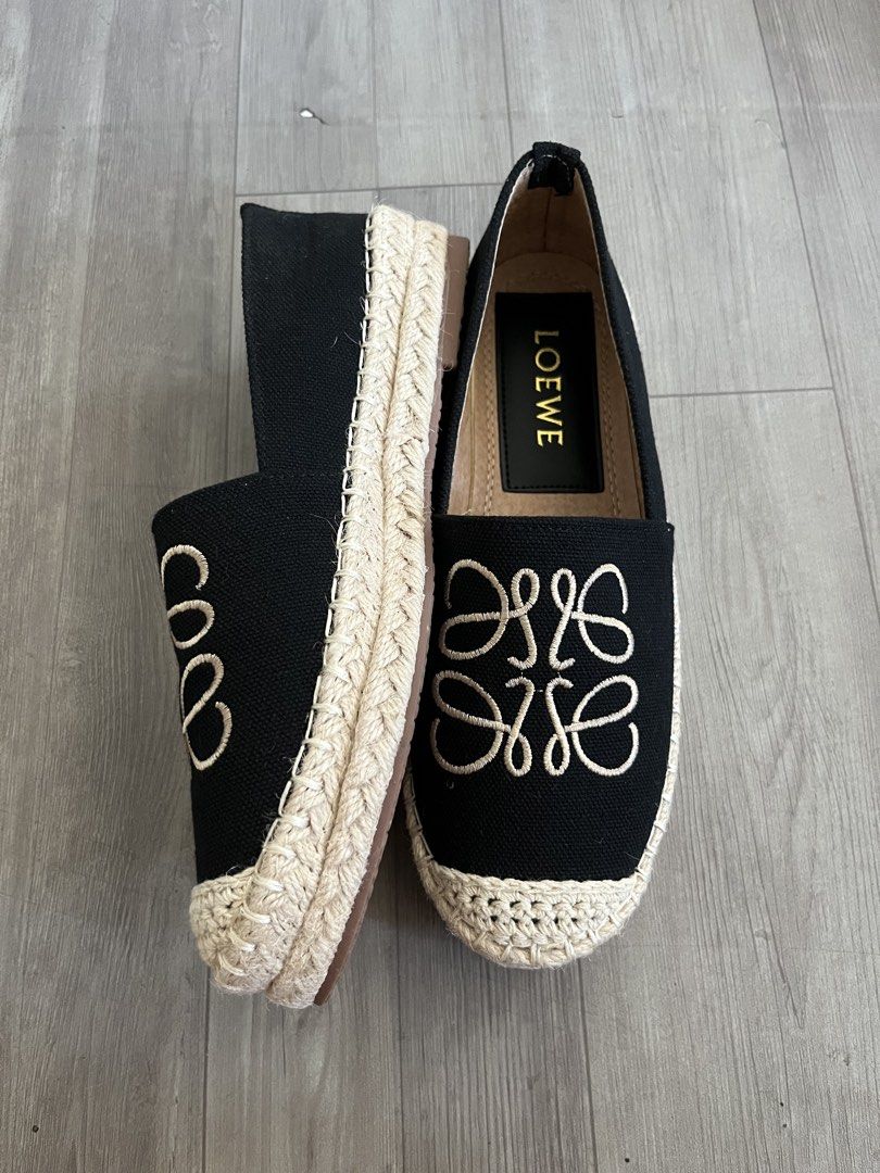 Black Canvas Espadrilles (Category: Flats & Sandals) located in Subic. Submitted by yuridecluttersxz (Listing ID 1466808952, Image 2). Description: Black Canvas Espadrilles / Loafers - Size: Size 37 / US 6 - Style: Black canvas espadrilles with slip-on loafer silhouette - Details: Cream embroidered Anagram logo on vamp, jute woven platform sole with braided edges, and black leather insole - Condition: Brand new with box - RFS: Does not fit Shippi
