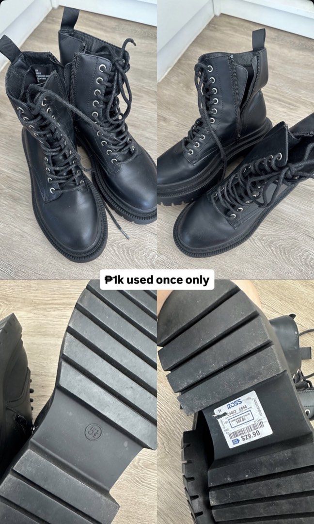 Black combat boots lug sole size 5.5 (Category: Boots) located in Manila. Submitted by anneglopezz (Listing ID 1466908604, Image 1). Description: - Style: Black combat boots with trendy thick lug soles - Size: US 5.5 (stamped on sole) - Condition: Like new, worn only once with zero tread wear - Features: Lace-up front, convenient side zipper, and heel pull tabs for easy wear - Origin: Purchased from Ross, original price tag still attached to the 