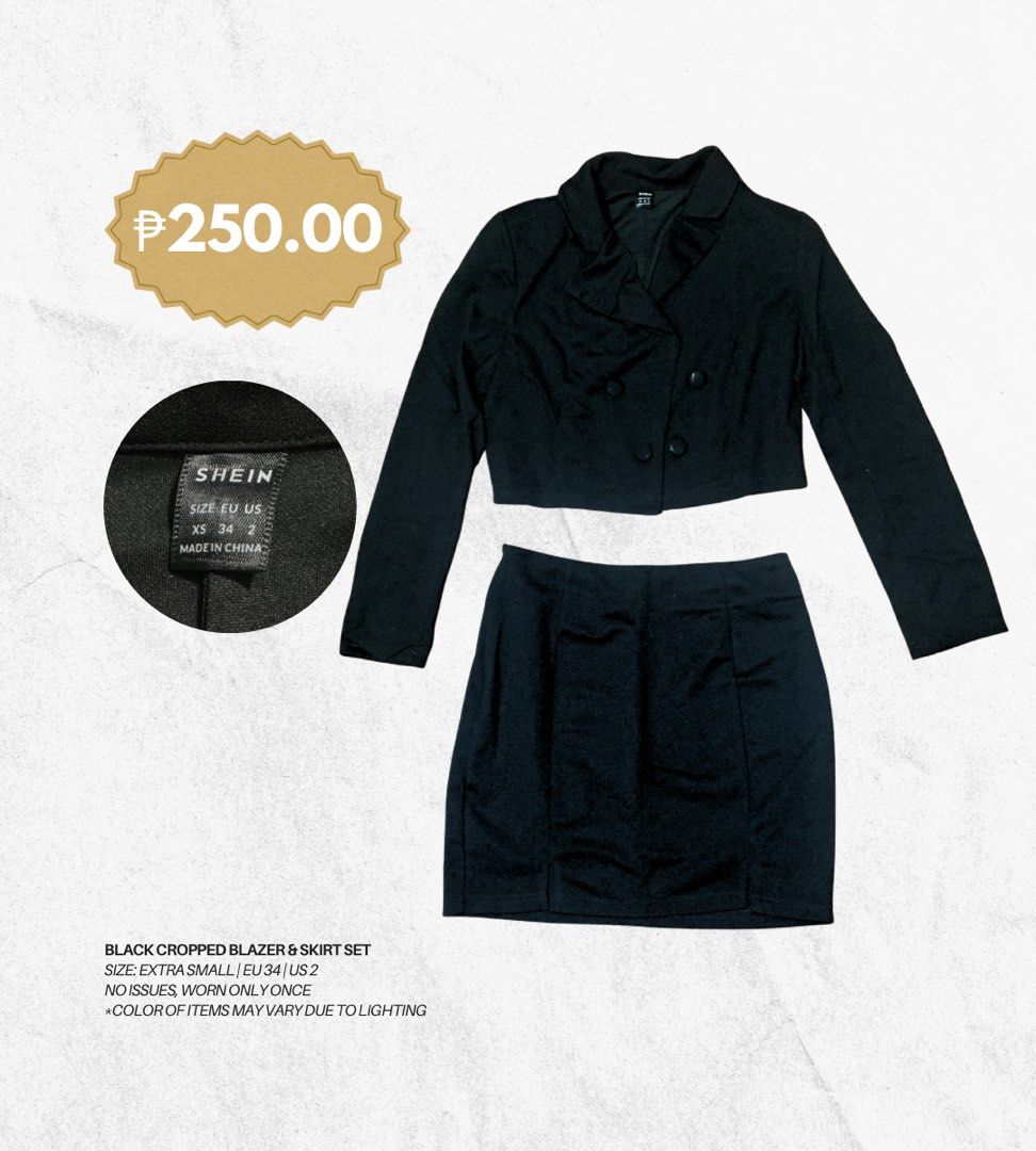 Black Cropped Blazer & Skirt Coords (Category: Sets or Coordinates) located in Quezon City. Submitted by cessysells (Listing ID 1466825379, Image 2). Description: Black Cropped Blazer and Mini Skirt Set/Coords - good condition, no issues - used only once for a shoot - with minimal shoulder padding #decluttering hindi na kasya 📍Location: Cubao, Quezon City 💰MOP: Gcash, Bank Transfer 📦MOD: Lalamove, Angkas or depends to the buyer. SF will be sho