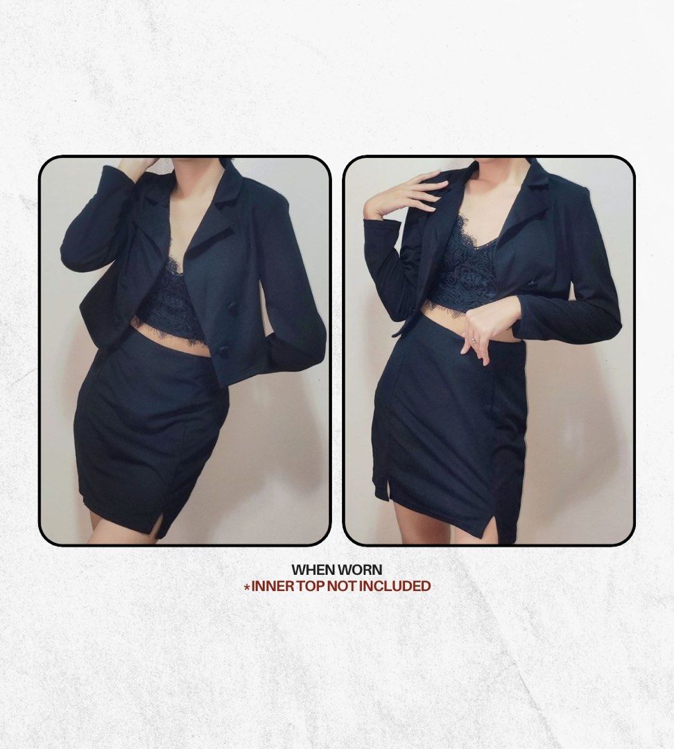 Black Cropped Blazer & Skirt Coords (Category: Sets or Coordinates) located in Quezon City. Submitted by cessysells (Listing ID 1466825379, Image 3). Description: Black Cropped Blazer and Mini Skirt Set/Coords - good condition, no issues - used only once for a shoot - with minimal shoulder padding #decluttering hindi na kasya 📍Location: Cubao, Quezon City 💰MOP: Gcash, Bank Transfer 📦MOD: Lalamove, Angkas or depends to the buyer. SF will be sho