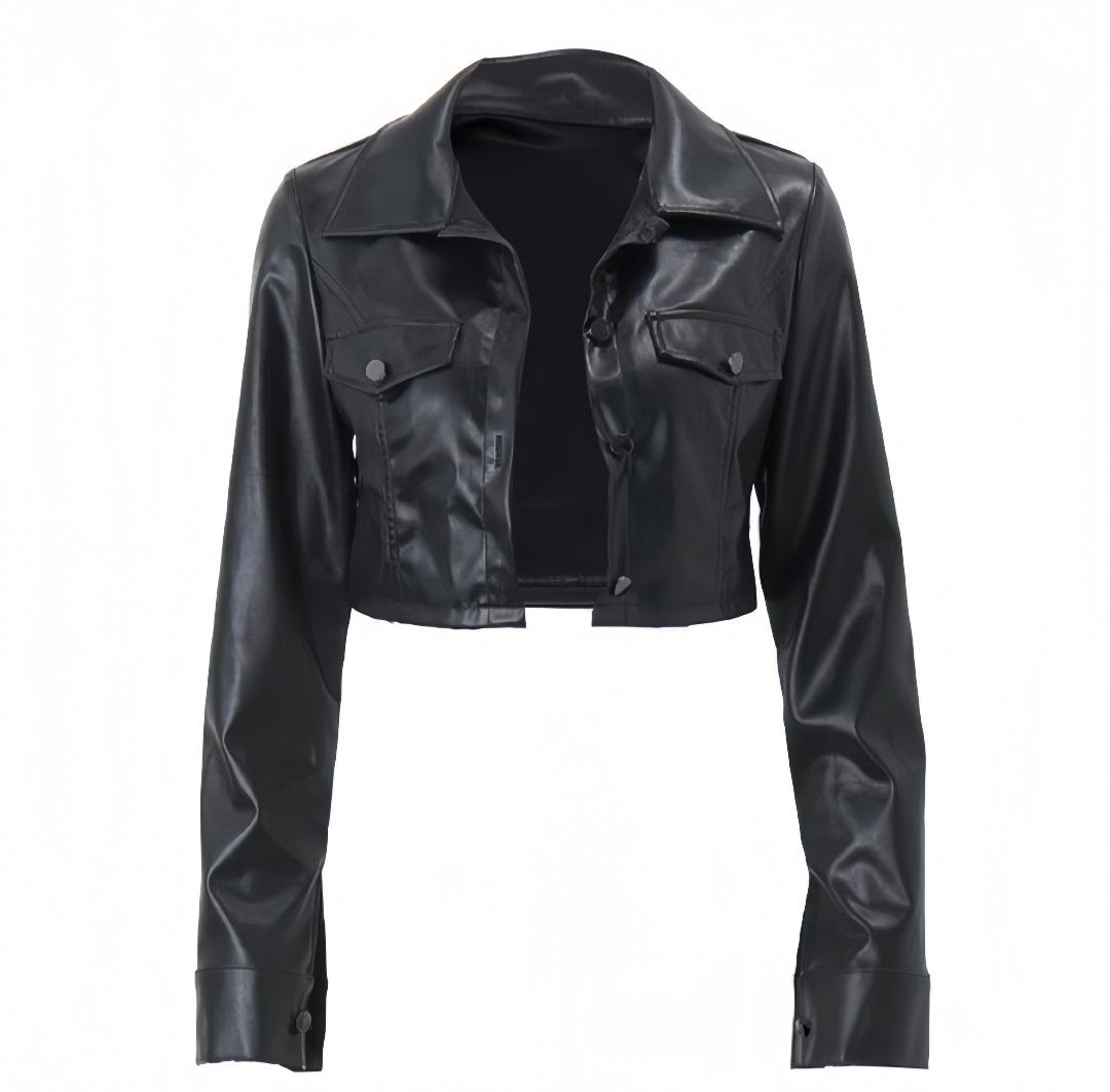 Black Cropped Leather Jacket (Category: Coats, Jackets and Outerwear) located in Manila. Submitted by cheezynutzyfriez (Listing ID 1466945278, Image 3). Description: s-m.