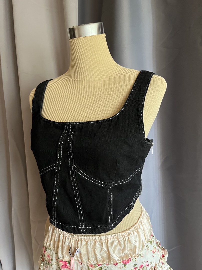 Black Denim Stitch Top (Category: Sleeveless) located in Cagayan de Oro. Submitted by curated_closetph (Listing ID 1466894090, Image 2). Description: — Structured corset silhouette with clean, contrast white topstitching details — Designed with a convenient and hidden zipper at the side for easy wearing — Durable and chic black denim fabric with thick shoulder straps and a square neckline — When to wear: Perfect for concert nights, weekend festiv