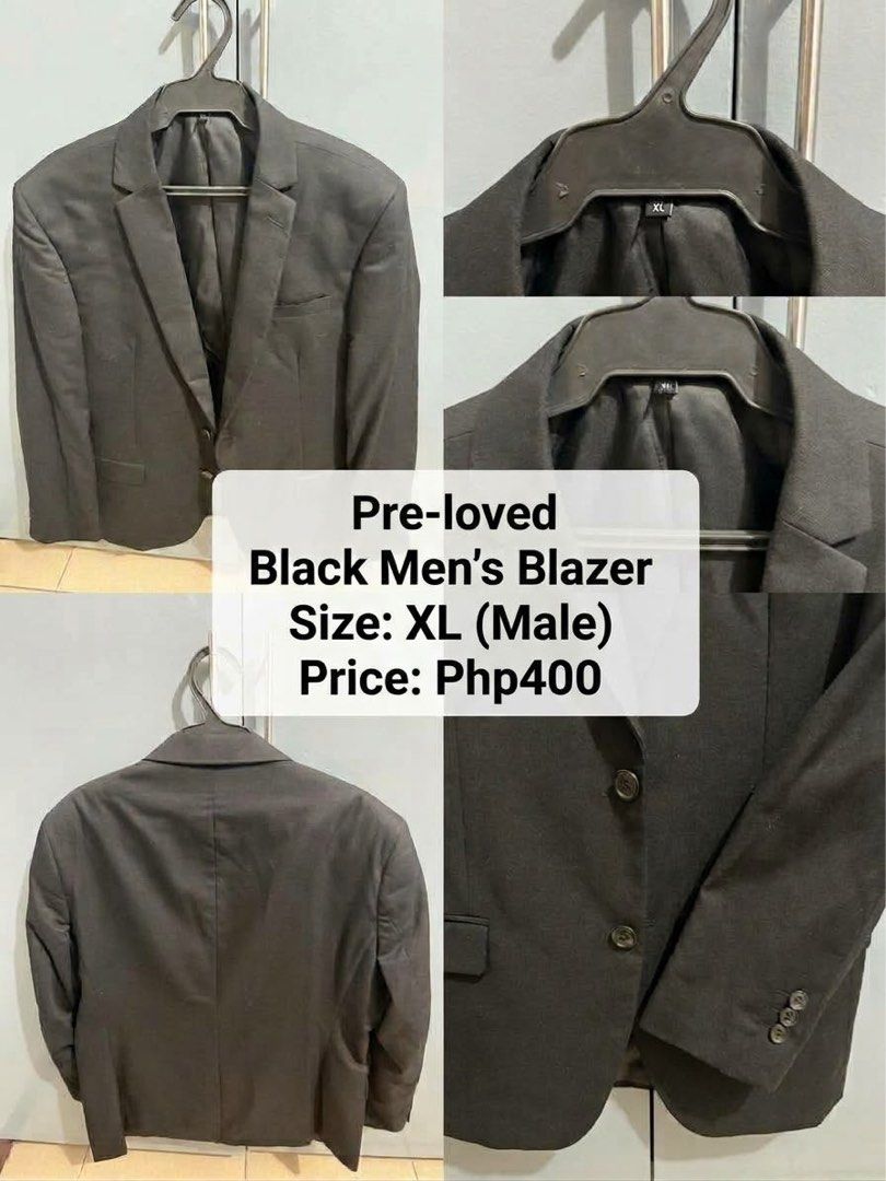 Black Men's Blazer Size XL (Category: Coats, Jackets and Outerwear) located in Quezon City. Submitted by stoked1018 (Listing ID 1466782843, Image 1). Description: - Item: Men's Black Blazer - Size: XL (Regular Fit) - Color: Solid Black - Details: Standard lapel, 2 front buttons, 3 cuff buttons, clean inner lining - Condition: Excellent - Style Tip: Great for formal events, office wear, and smart-casual outfits - Shipping: Fast transaction via Car