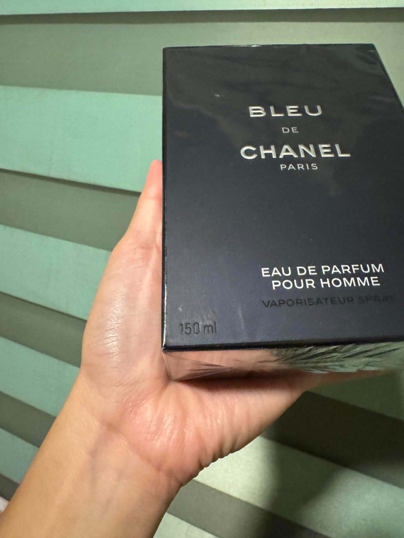 Bleu de Chanel Eau de Parfum 150ml (Category: Fragrance & Deodorants) located in Manila. Submitted by rmikaela (Listing ID 1466780693, Image 2). Description: - Condition: Brand new, still sealed in original plastic wrapping - RFS: EDP was given to me instead of BDC Parfum, bday gift sana.