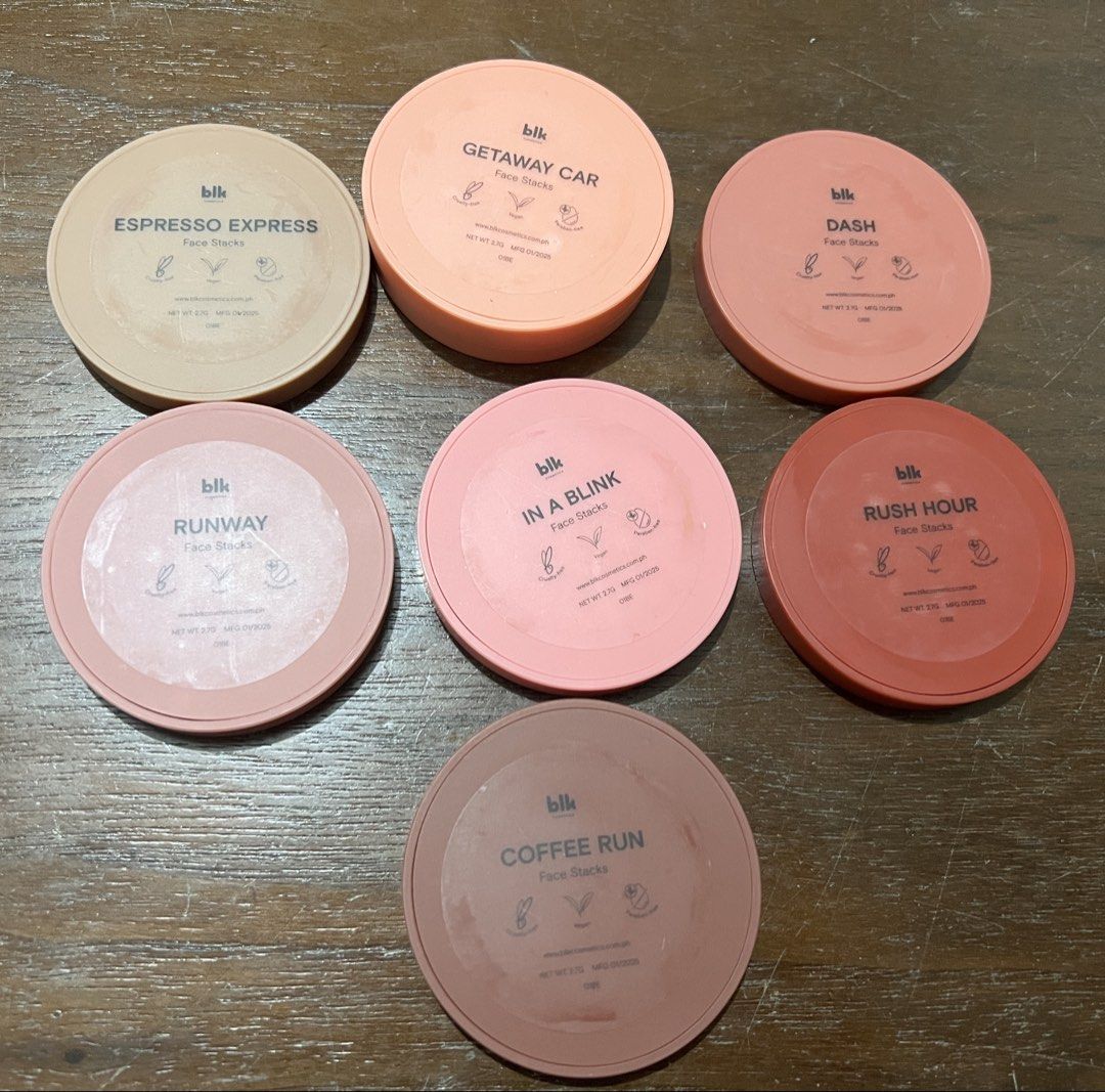 BLK Face Stacks Make up (Category: Makeup) located in Rizal. Submitted by f21__ (Listing ID 1466797691, Image 3). Description: - BLK Cosmetics Face Stack bundle - Includes 7 shades: Espresso Express, Getaway Car, Dash, Runway, In a Blink, Rush Hour, and Coffee Run - Multi-purpose cream formulas for contour, blush - Compact round pans with built-in mirrors - Manufactured in 2025 - Selling strictly as a full set, ideal for sampling multiple shades 