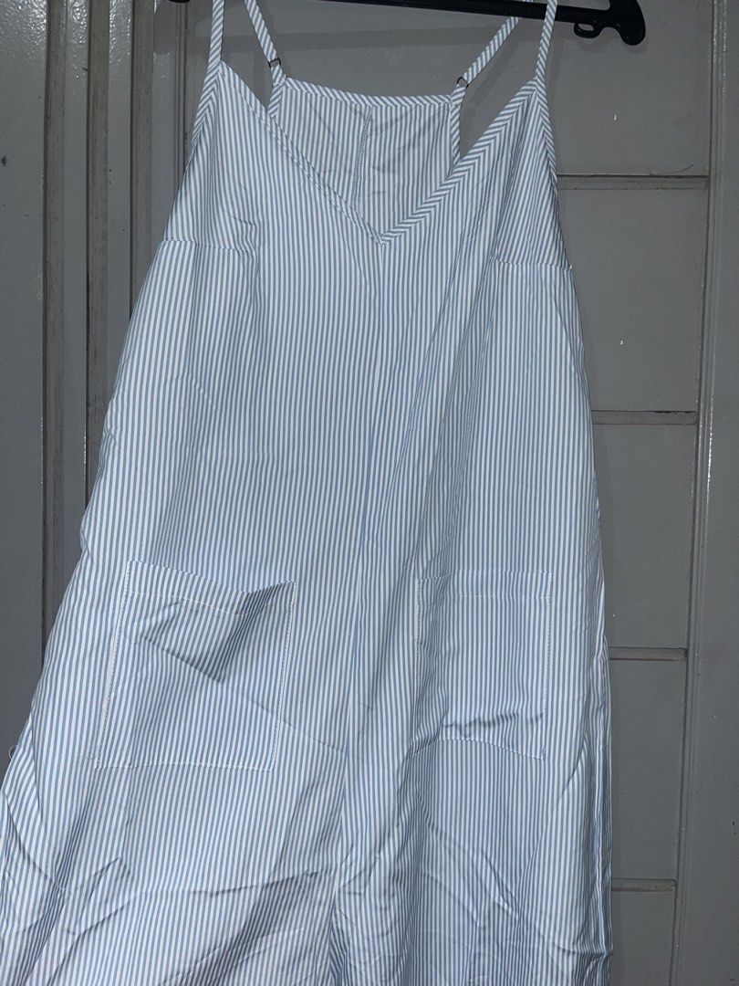 Blue and White Striped Spaghetti Strap Jumpsuit with Pockets (Category: Jumpsuits) located in Mandaluyong City. Submitted by yujee (Listing ID 1466798135, Image 1). Description: - stripes jumpsuit with 2 pockets - never been used - MOP: GCASH - lalamove around METRO MANILA.