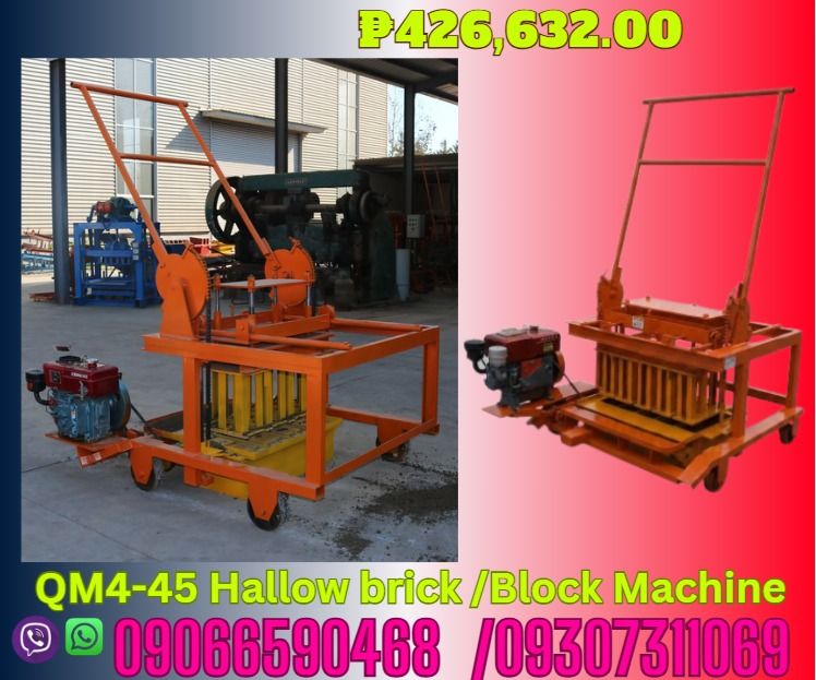 Brick Type Standard /Hollow/pavement brick QM4-45 hallow Block Making Machine (Category: Looking For) located in Aroroy. Submitted by 09307311069 (Listing ID 1466844766, Image 1). Description: Brick Type Standard /Hollow/pavement brick QM4-45 Power diesel engine/semi-auto Carriage Size egg laying type 40-45s/1cycle Production Capacity 240*115*53mm 26pcs/mould 240*115*90m 9pcs/mould 400*200*200mm 4pcs/mould 400*150*200mm 5pcs/mould Overall Size 24