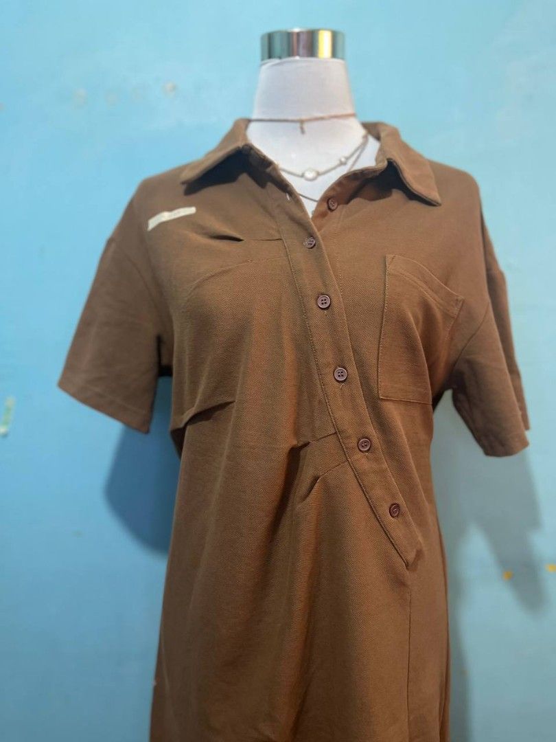 Brown and rust orange dress bundle trio (Category: Dresses) located in Manila. Submitted by seannathan46011 (Listing ID 1466812967, Image 1). Description: - Set of 3 stylish and soft dresses for everyday wear - Dress 1: Brown polo shirt dress with asymmetric buttons and chest pocket - Dress 2: Rust orange halter neck tiered dress with square neckline - Dress 3: Brown mock neck dress with short puff sleeves and rolled cuffs - Made from ultra-soft 
