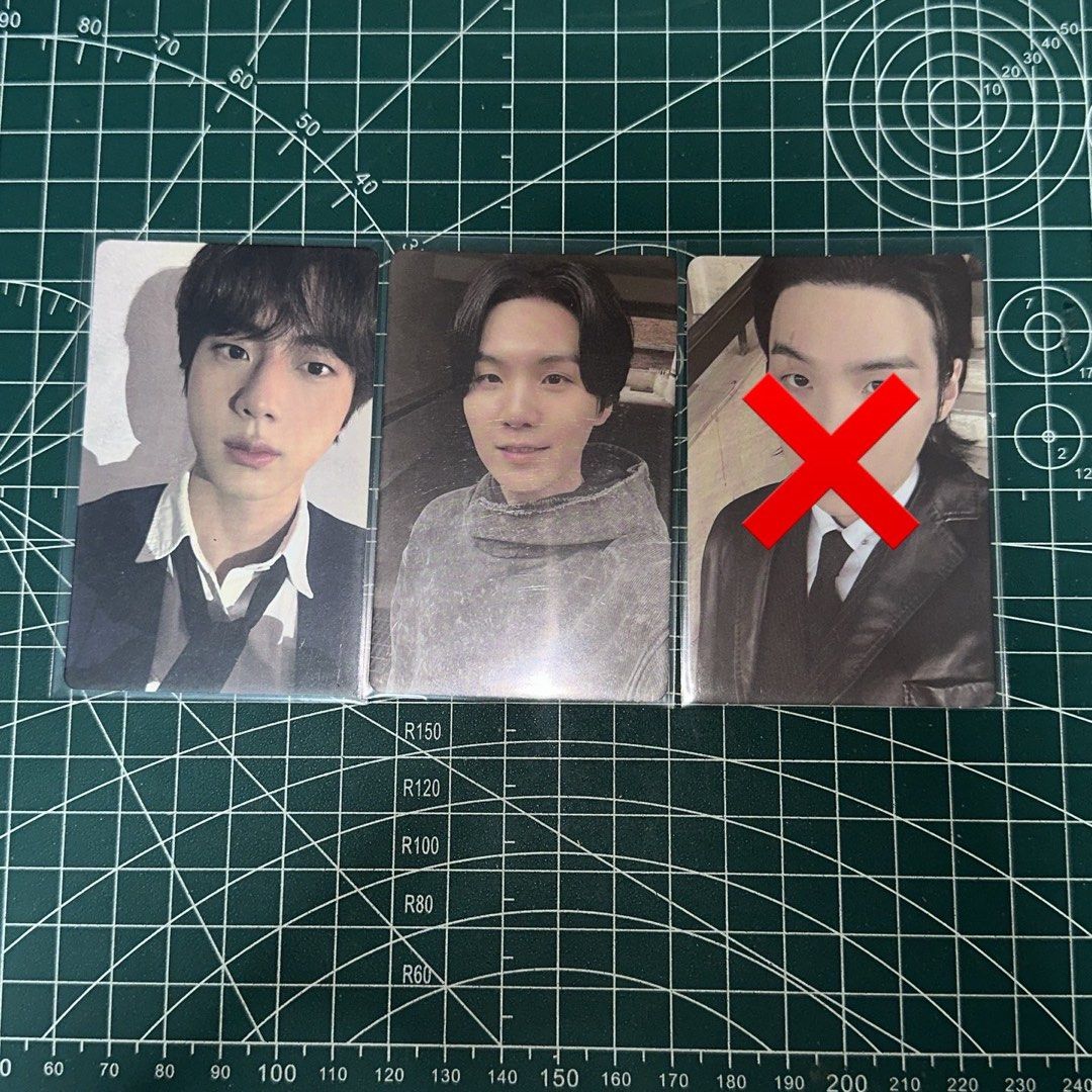 BTS Jin and Suga Photocards (Category: K-Wave Merchandise) located in Muntinlupa City. Submitted by seok08 (Listing ID 1466828646, Image 1). Description: - Condition: Mint, Kept in protective sleeves, clean edges, no major bends - Sold as tingi (120 ea) or as a set (200) check @/horangcoupss on X for proofs!.